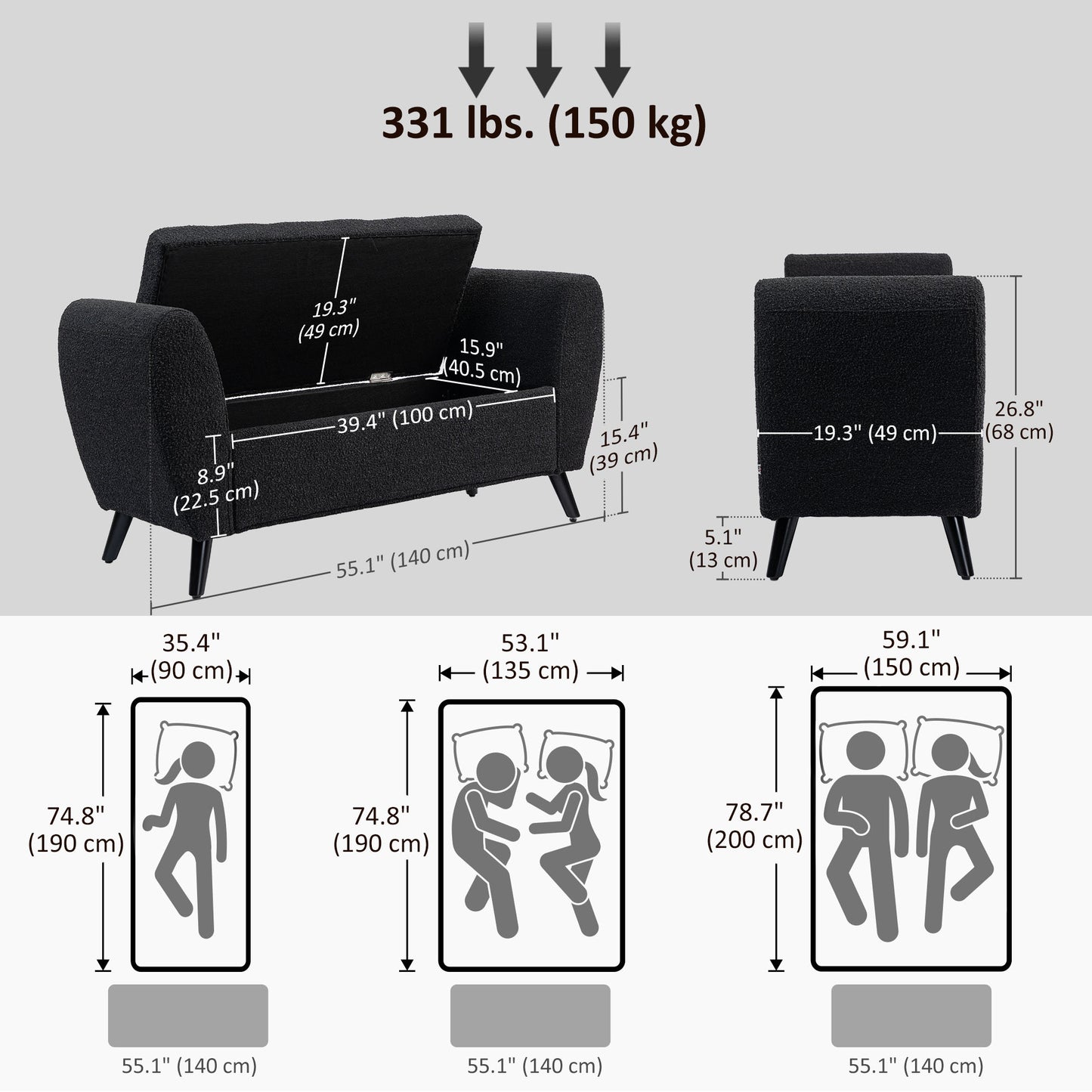 Upholstered Storage Bench with Arms, Modern Ottoman Bench for Bedroom, Entryway, and Living Room, Black