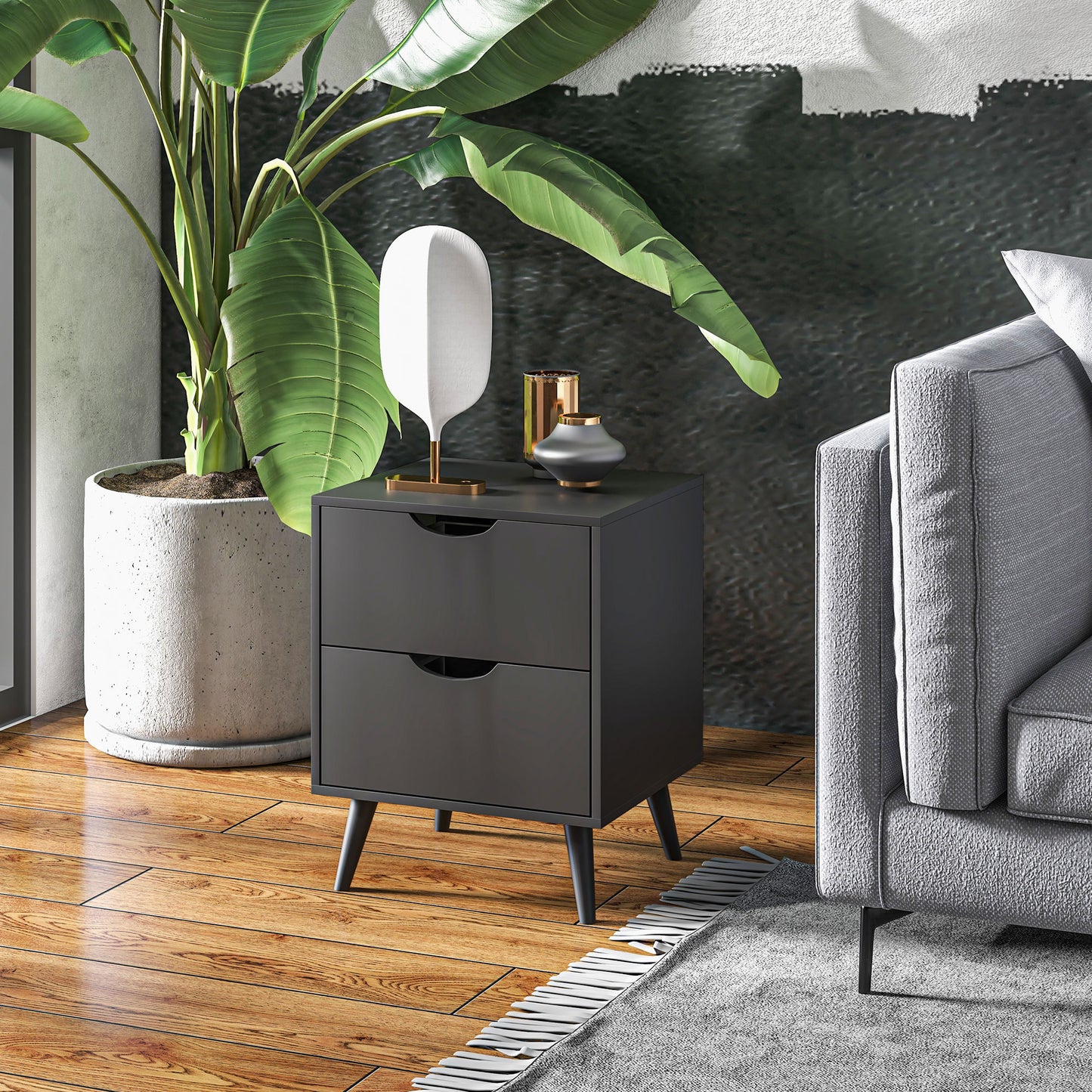 Modern Bedside Table, Nightstand with 2 Drawers and Pine Wood Legs for Bedroom, Living Room, Black