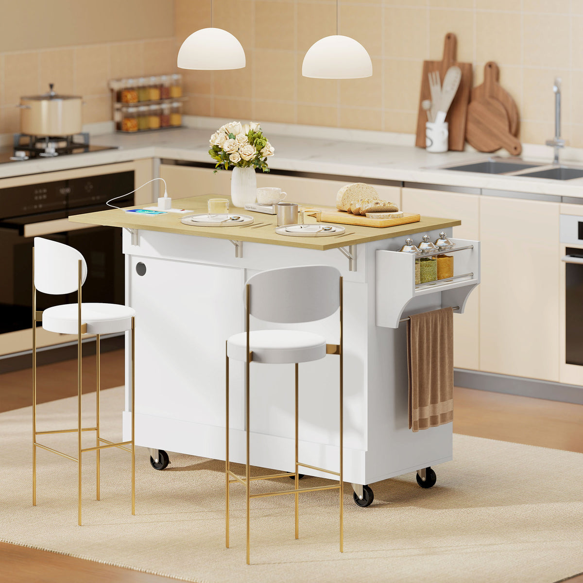 Kitchen Island Cart with Charging Station and Drop Leaf, Kitchen Island Table on Wheels with Trash Can Cabinet, White