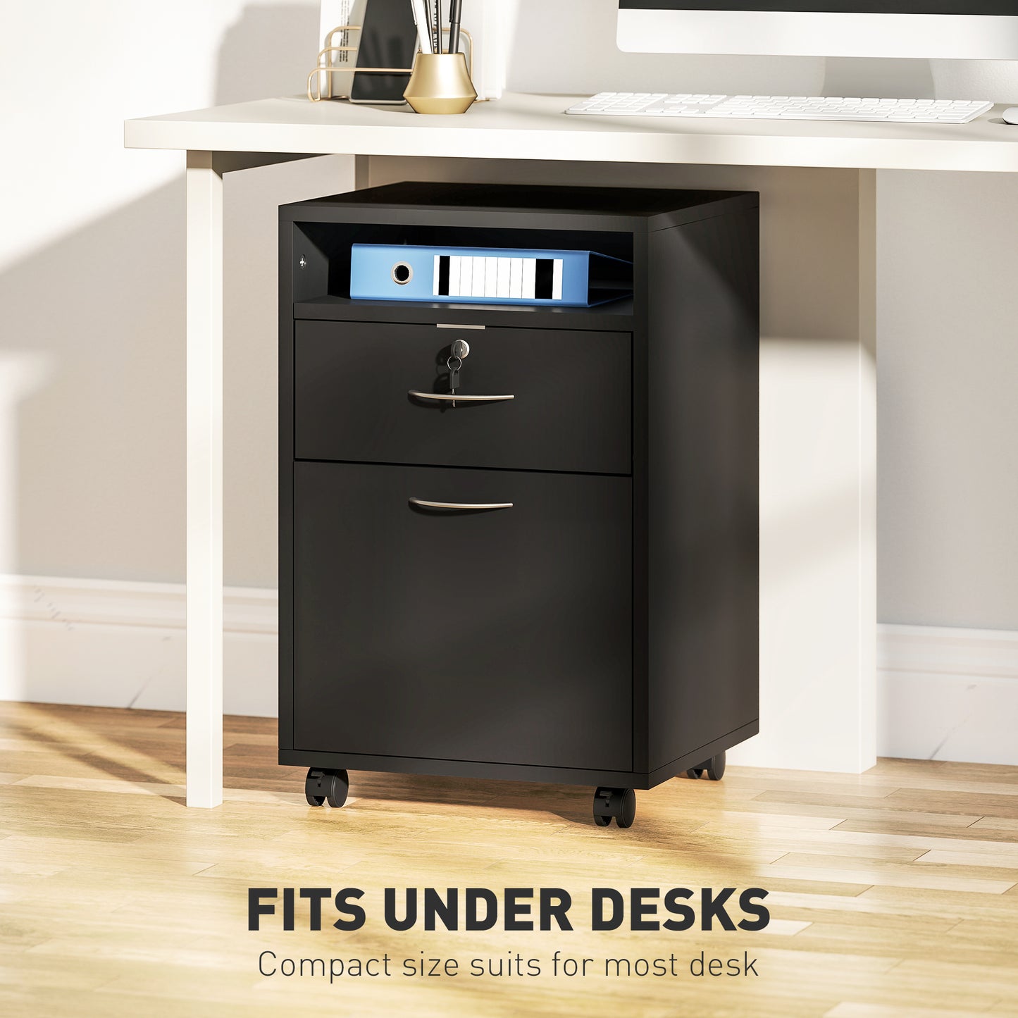 24" Small Filing Cabinet with Open Compartment, Drawer and Wheels, Home Office Storage Cabinet, Black