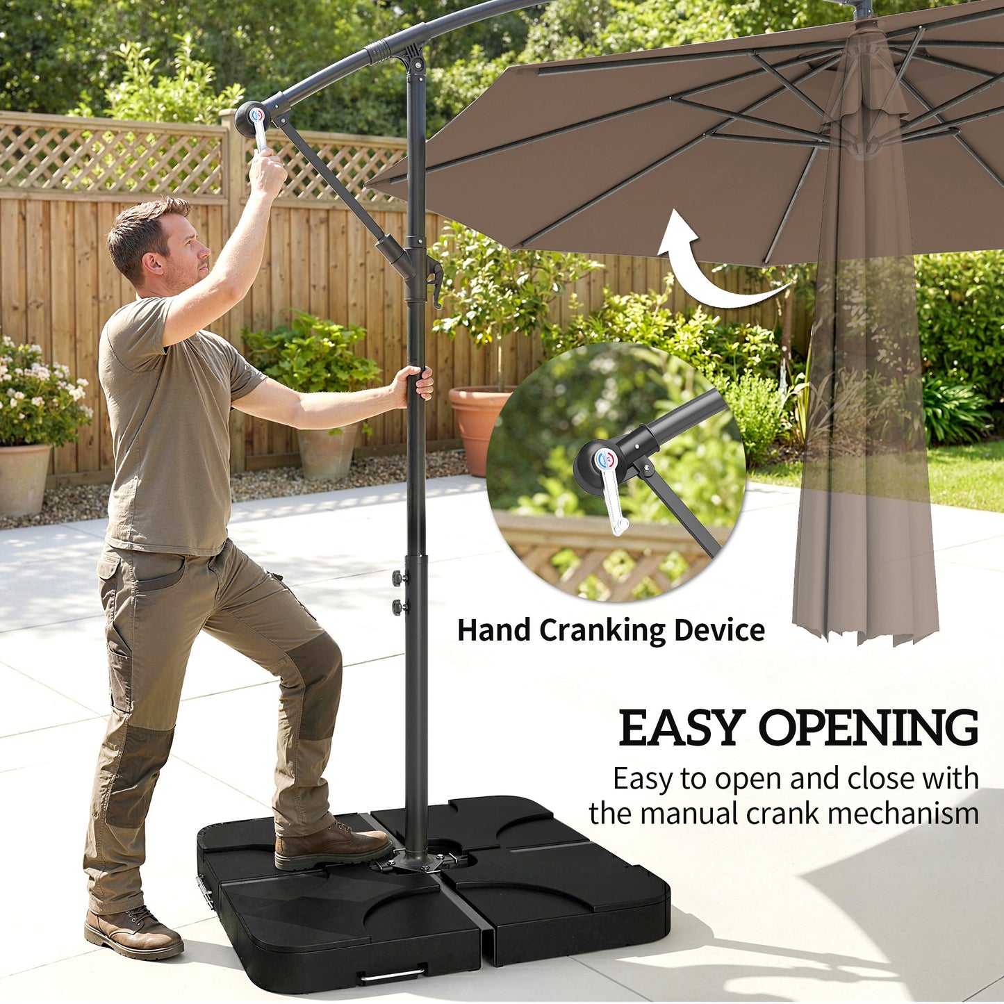 9.6ft Offset Patio Umbrella Garden Hanging Parasol Banana Cantilever Umbrella with Base, Crank, Coffee