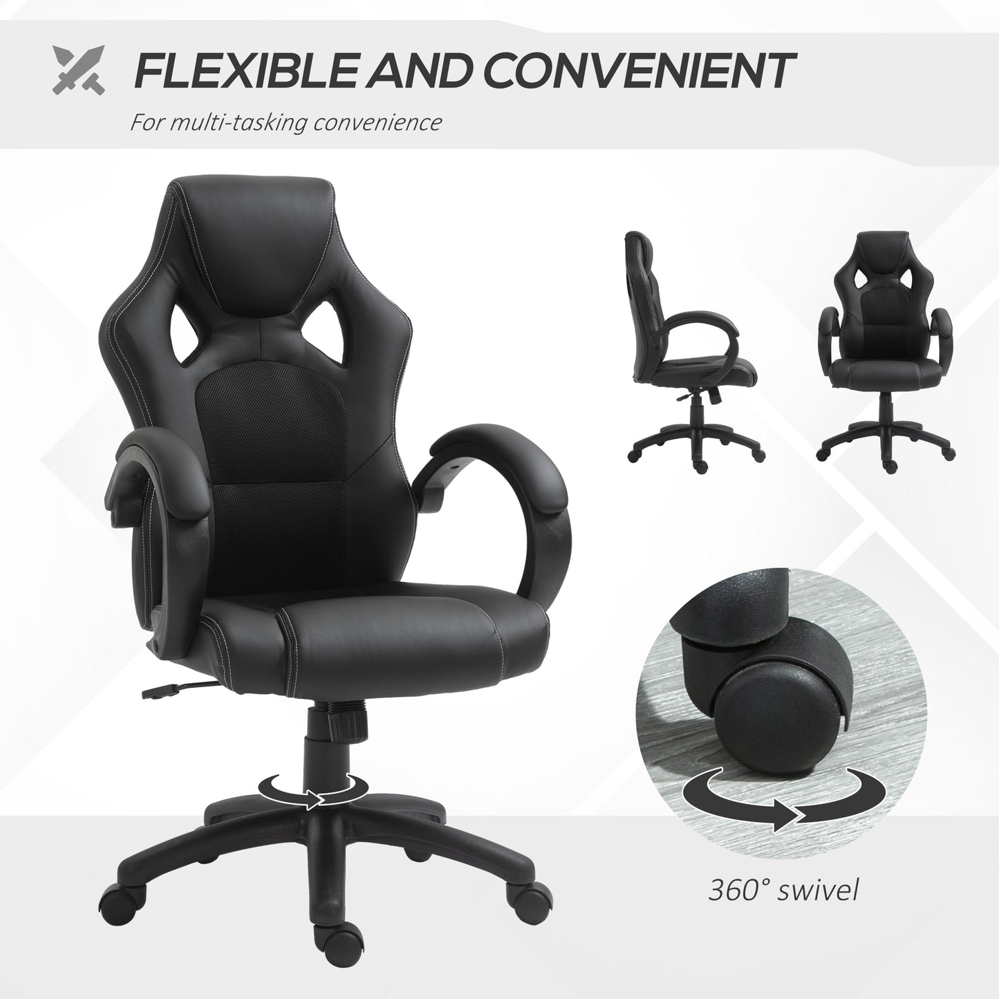 Racing Gaming Chair Office Chair Computer Desk Gamer Chair with Swivel Wheels, Padded Headrest, Tilt Function, Black