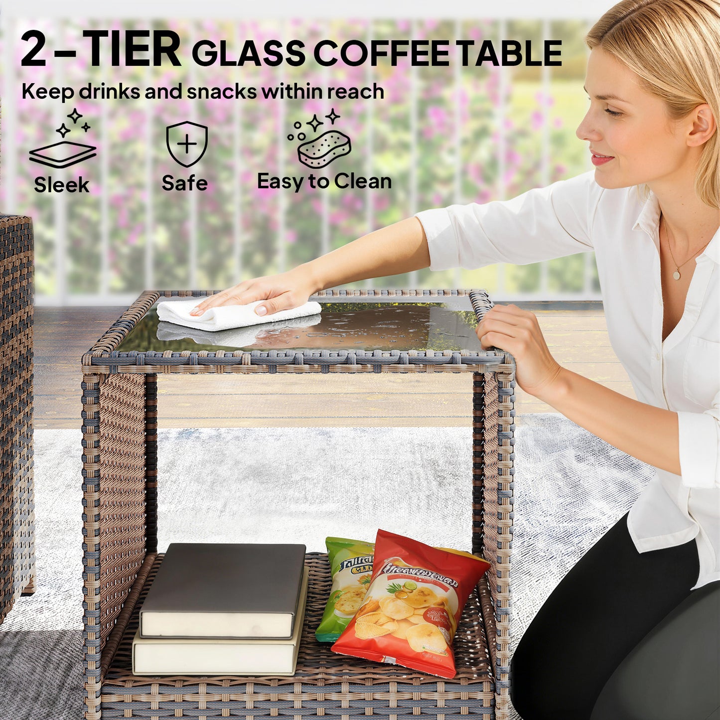 5 Piece Patio Furniture Set, Wicker Patio Chairs with Ottomans, 2-Tier Glass Coffee Table and Cushions, Brown/Cream