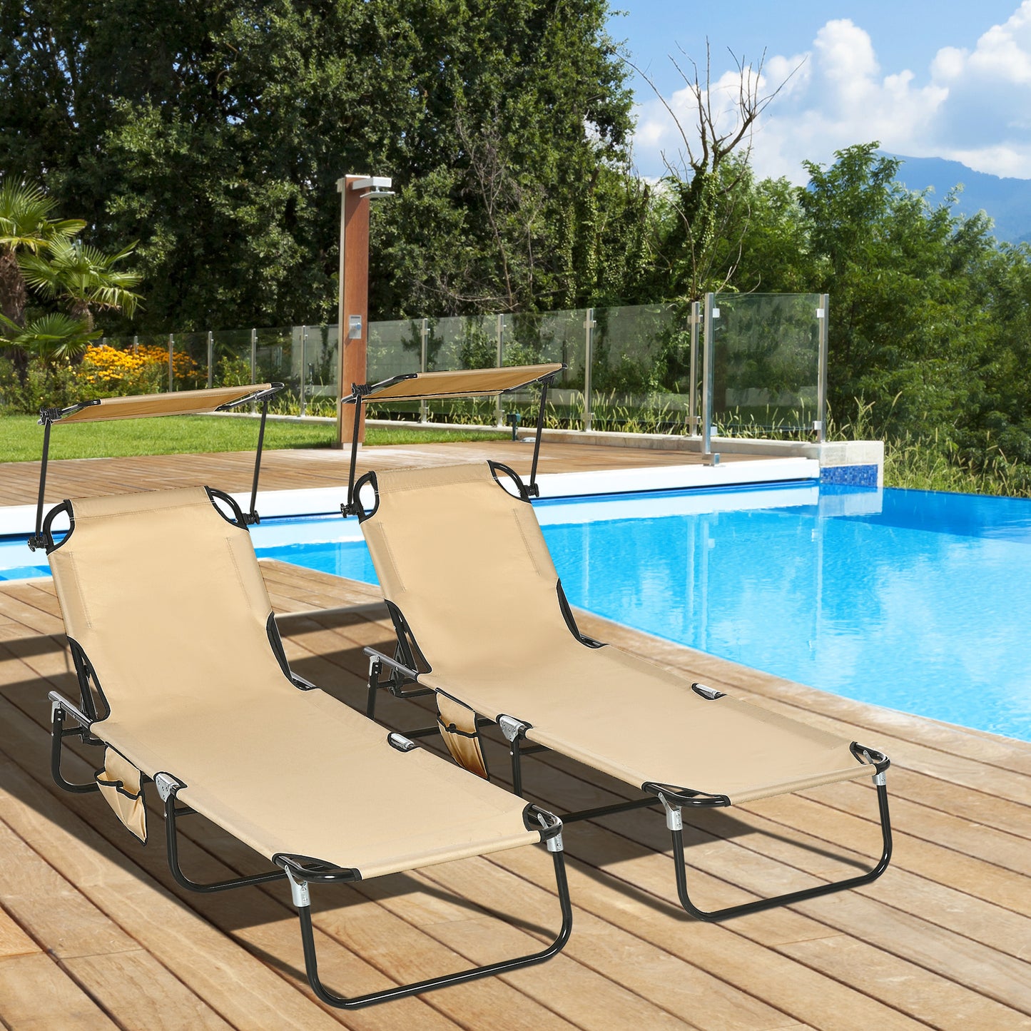 2 Piece Folding Outdoor Chaise Lounges, Pool Tanning Chairs with Reclining Back, Sunshade for Beach, Patio, Dark Grey