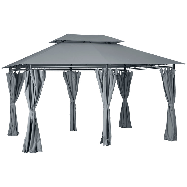 13' x 10' x 8.7' Grey Gazebo with 2-Tier Roof & Curtains