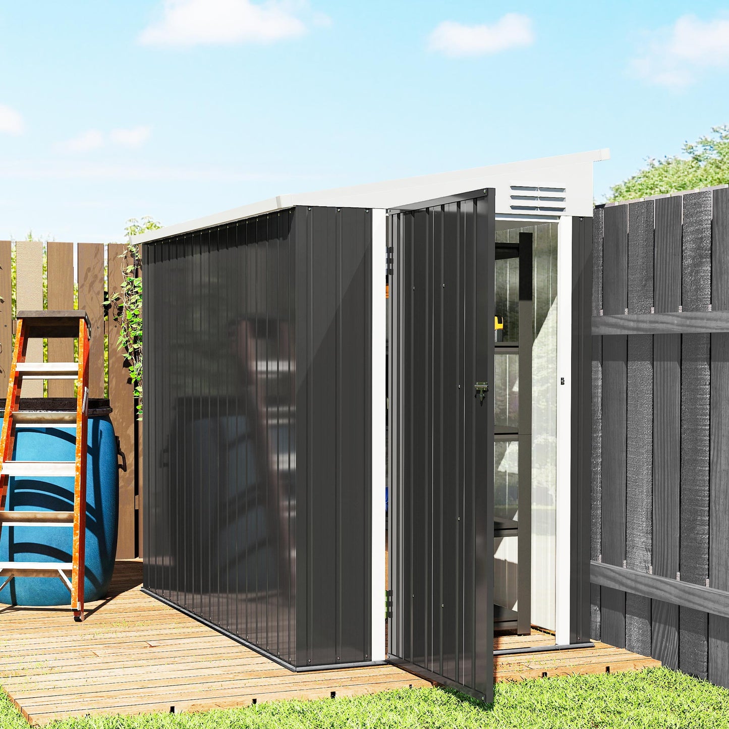 Outdoor Storage Shed Lean to Shed Outdoor Metal Tool Shed with Lockable Door and Air Vents, Dark Grey