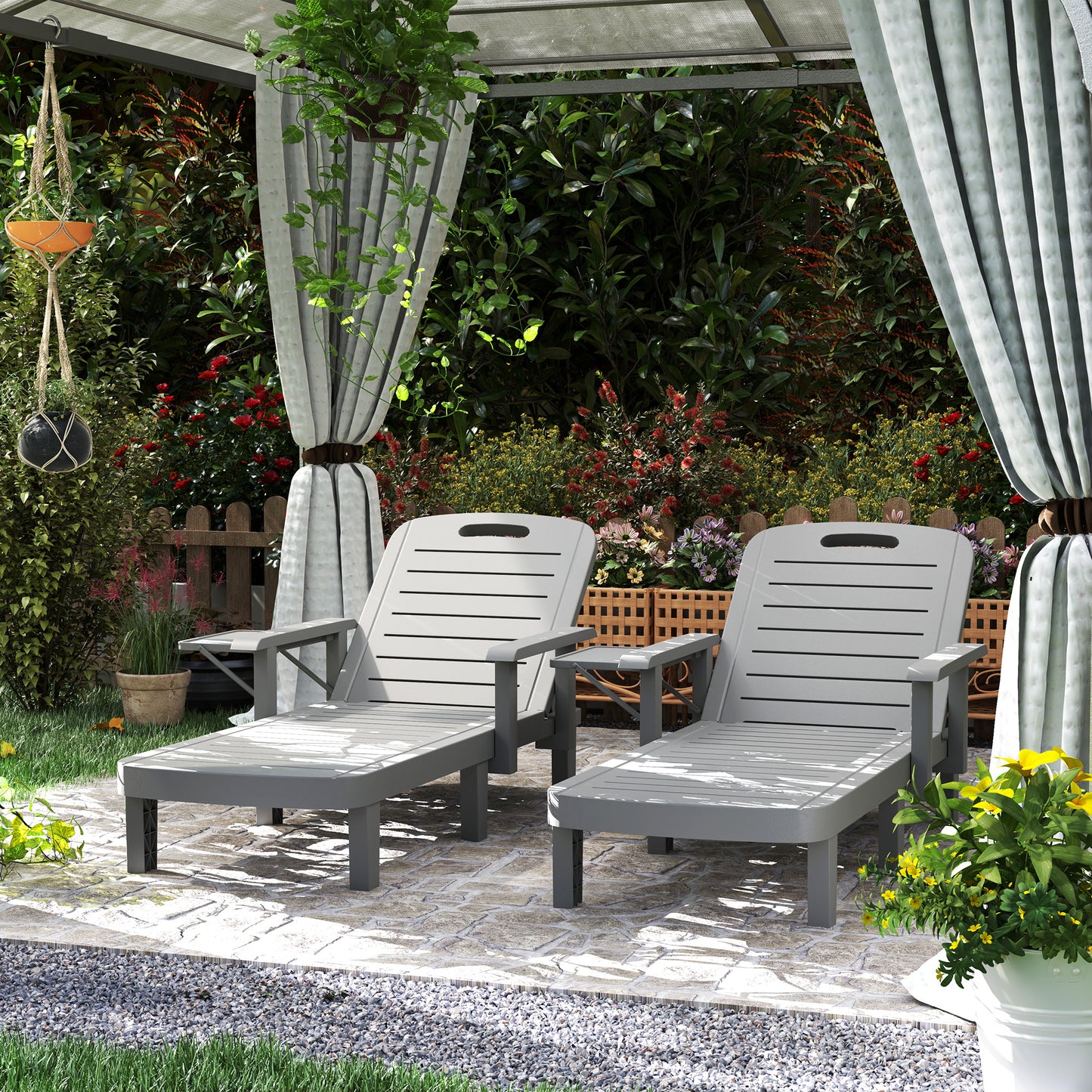 Set of 2 Tanning Chair, 5 Positions Adjustable Outdoor Lounge Chairs with Foldable Side Table, Dark Grey - Dark Grey