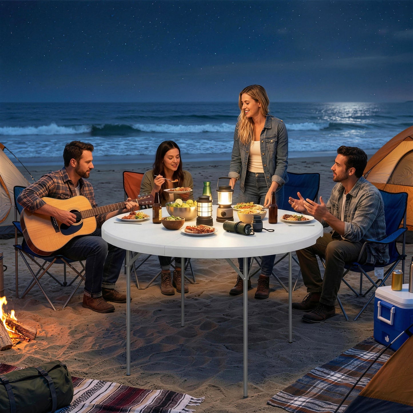 4ft Plastic Folding Picnic Table, Camping Table with Anti-Slip Foot Pads, Indoor Outdoor for Beach, BBQ, White