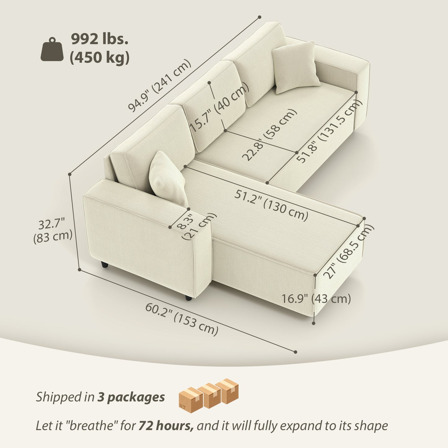 Corduroy L-Shape Corner Sectional Sofa - Cream White