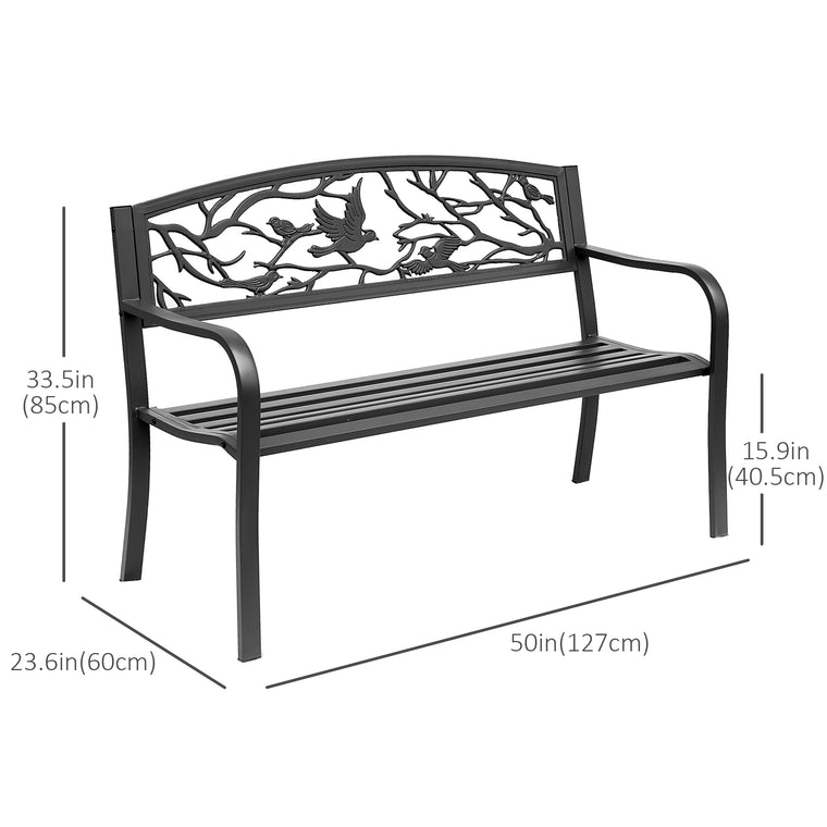 50" Garden Bench Outdoor Loveseat with Vintage Bird Pattern Cast Metal