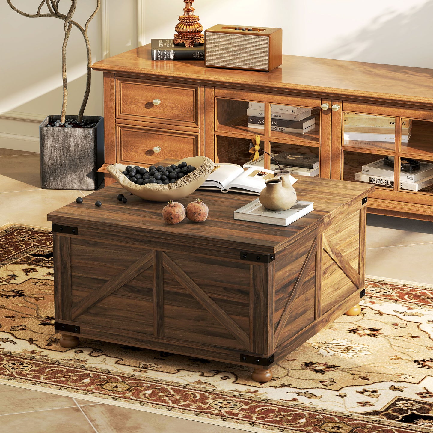 Coffee Table with Lift Top, 32" Farmhouse Center Table with Hidden Compartment for Living Room, Brown Wood Grain
