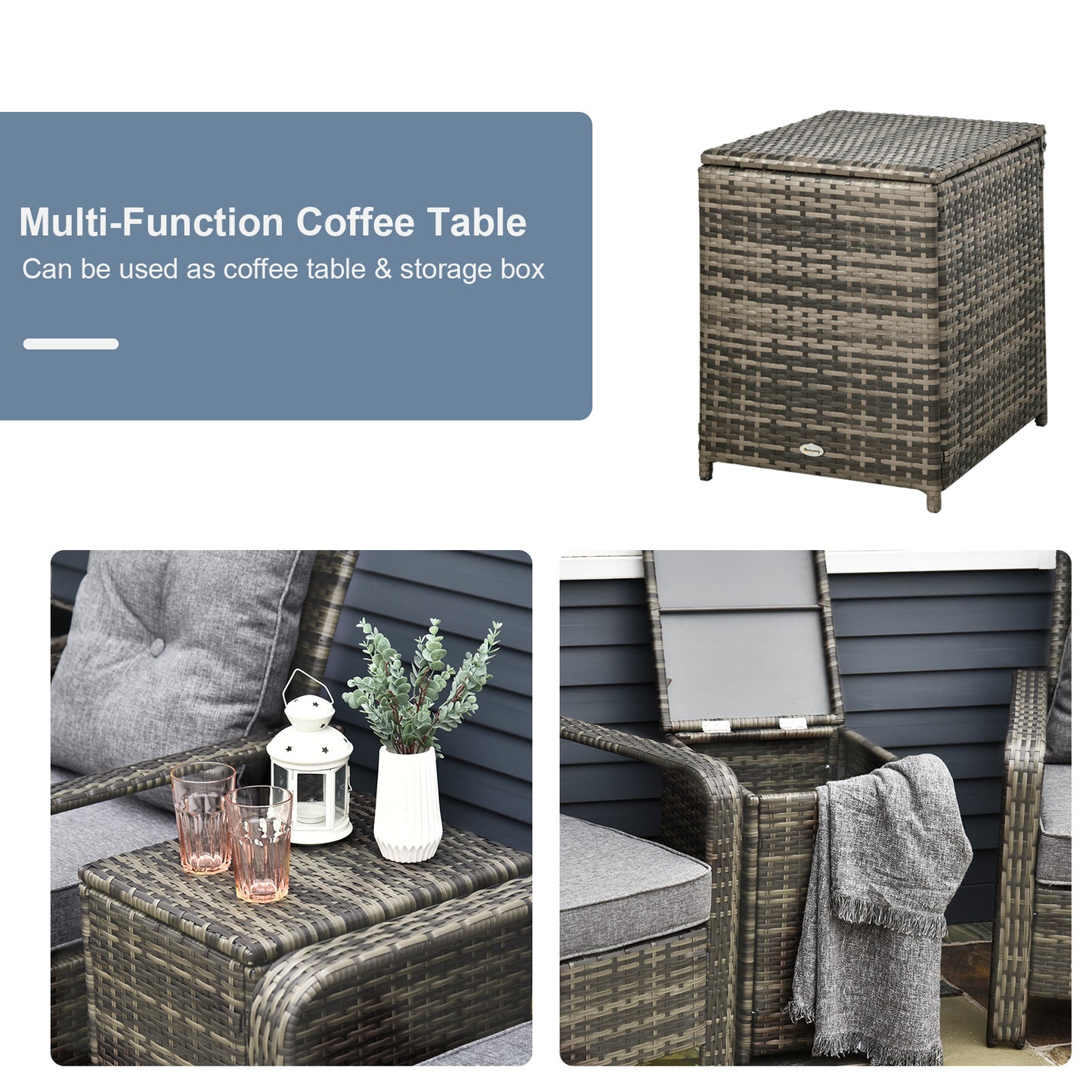 3 Pieces Wicker Patio Furniture Set, Rattan Bistro Set with Storage Coffee Table and Thickened Cushions, Outdoor Conversation Set for Garden, Porch, Balcony, Beige