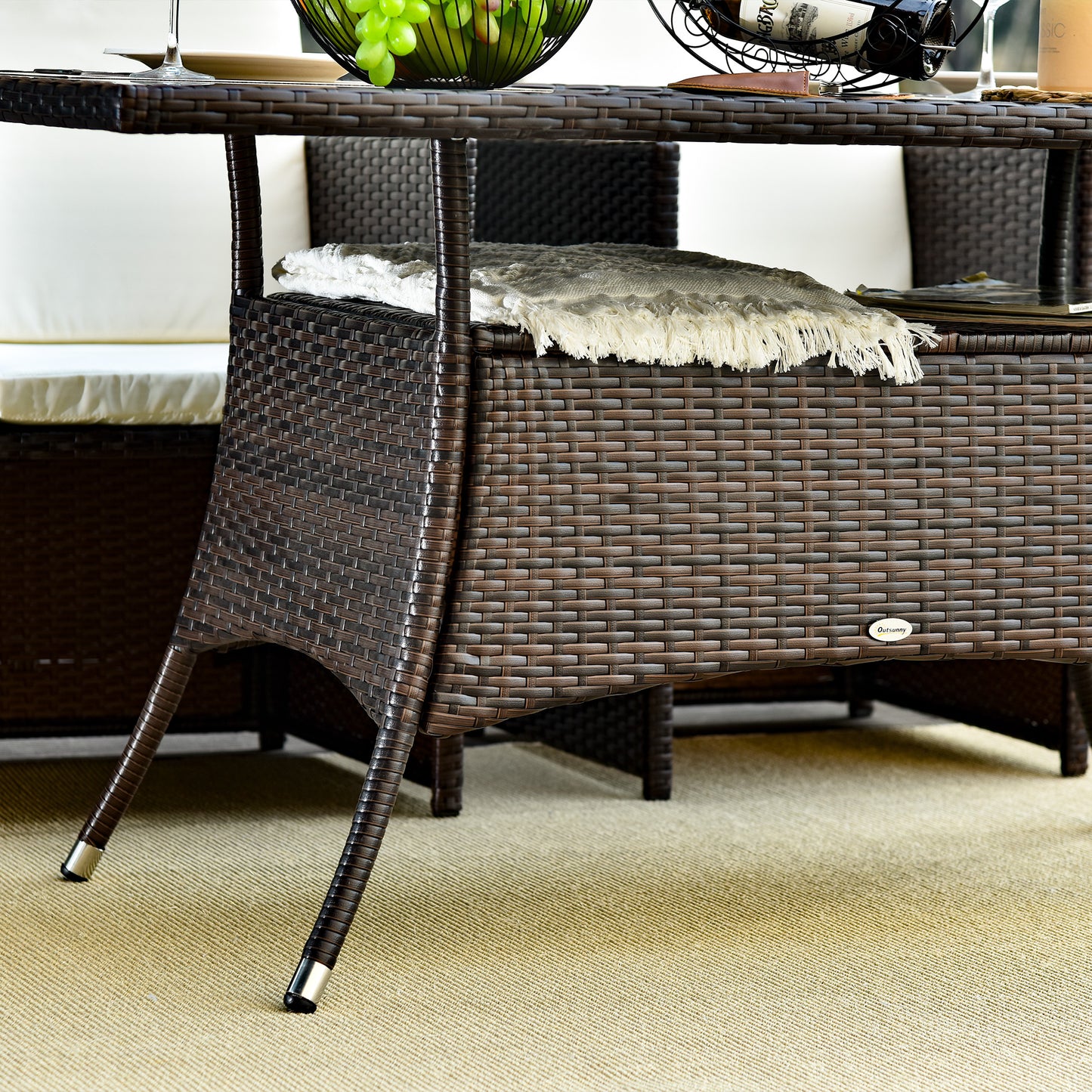 Garden Dining Table, Patio Rattan Dining Table with Glass Top, Storage Shelf for Yard, 59" x 34" x 29", Brown