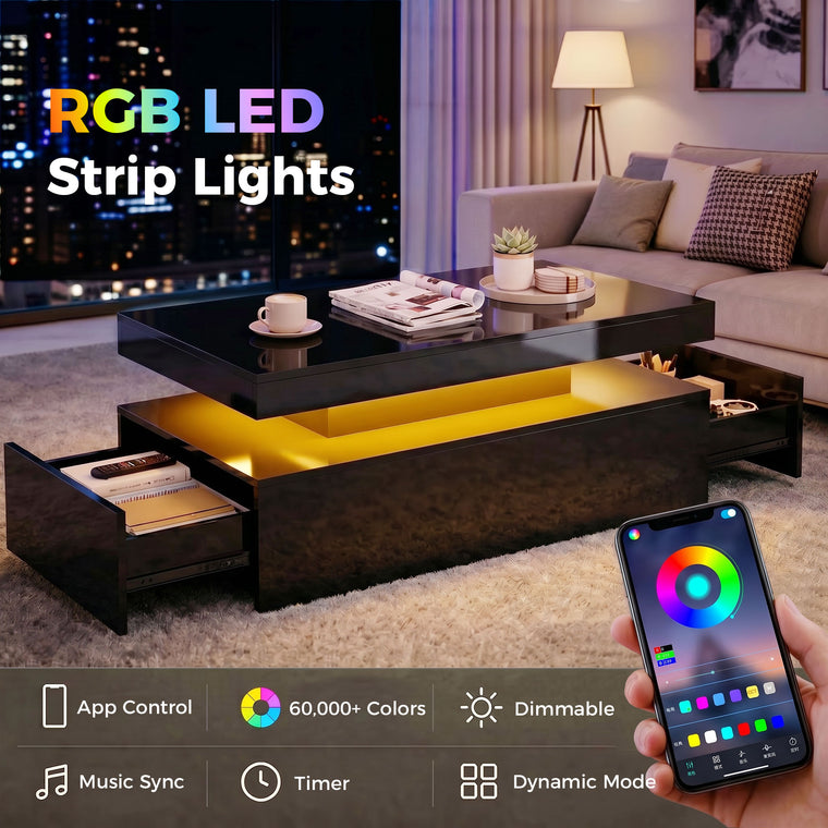 2-Tier LED Coffee Table with 2 Drawers