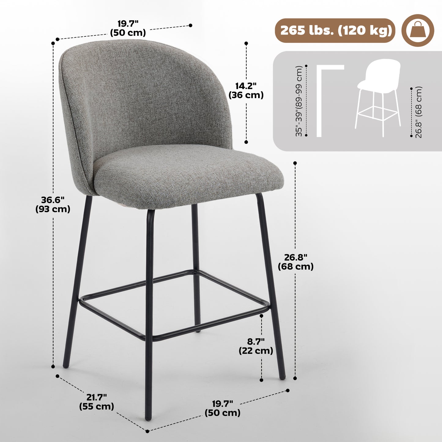Set of 2 Counter Height Barstools, Upholstered Linen Bar Stools with Backrest, Footrest and Steel Legs, Dark Grey