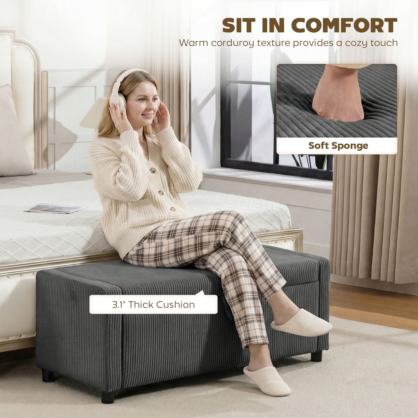 Storage Ottoman, Upholstered Corduroy End of Bed Bench with Thick Padding, Storage Bench for Bedroom, Dark Grey