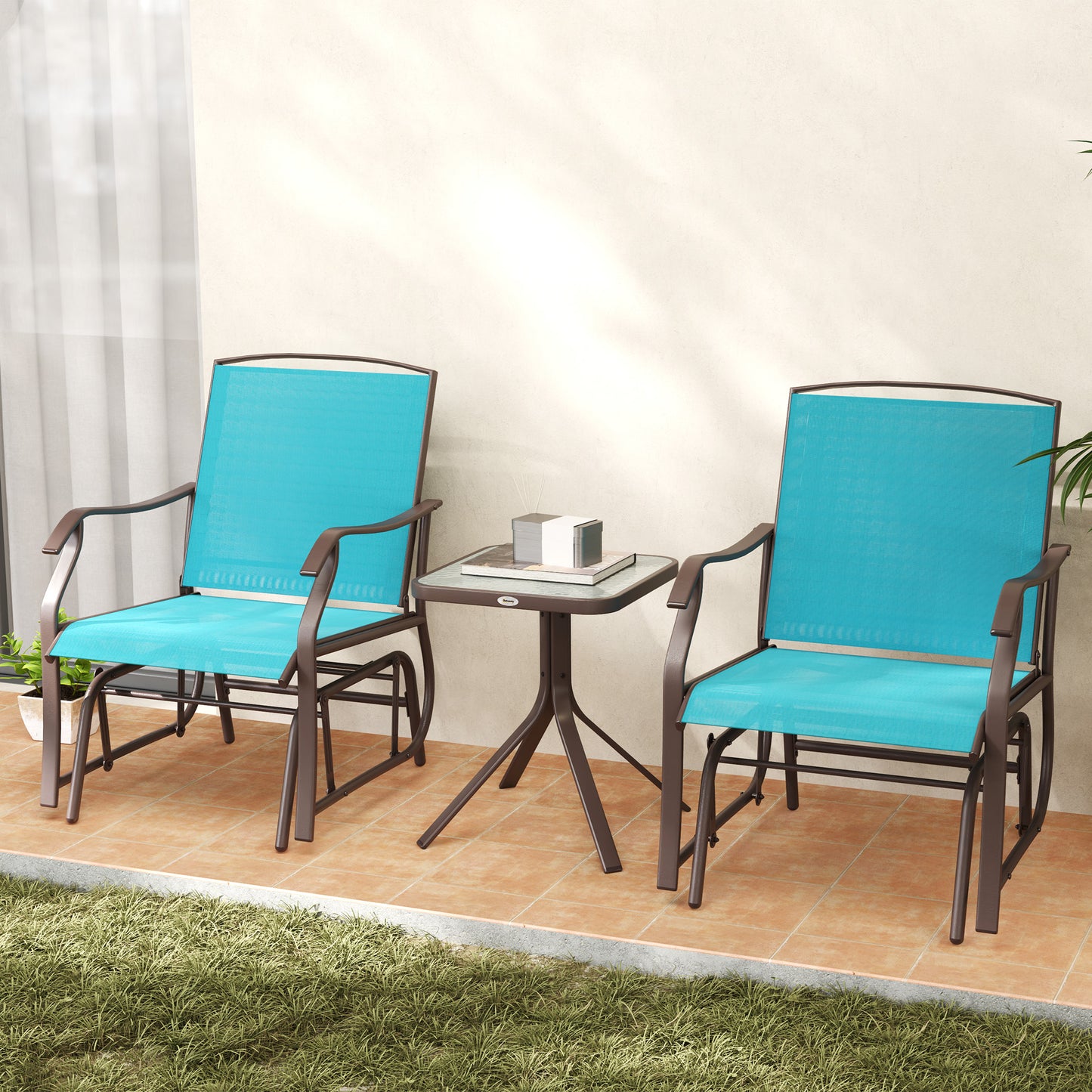3 Piece Patio Glider Set Outdoor Gliders with Breathable Mesh Seat, Glass Top Table for Garden, Yard, Blue