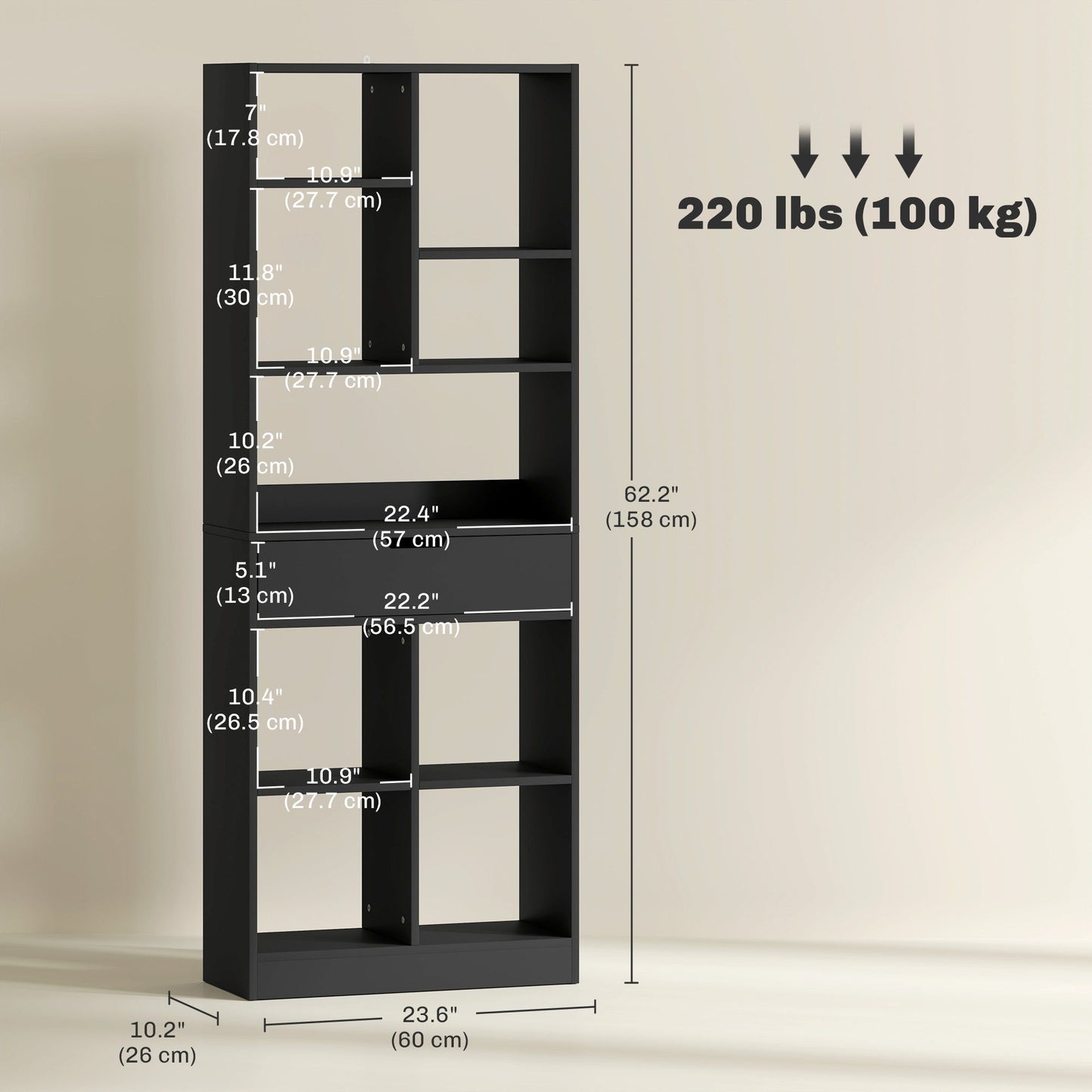 Tall Bookshelf with Drawer, Freestanding Bookcase for Bedroom, Living Room, Home Office, Black