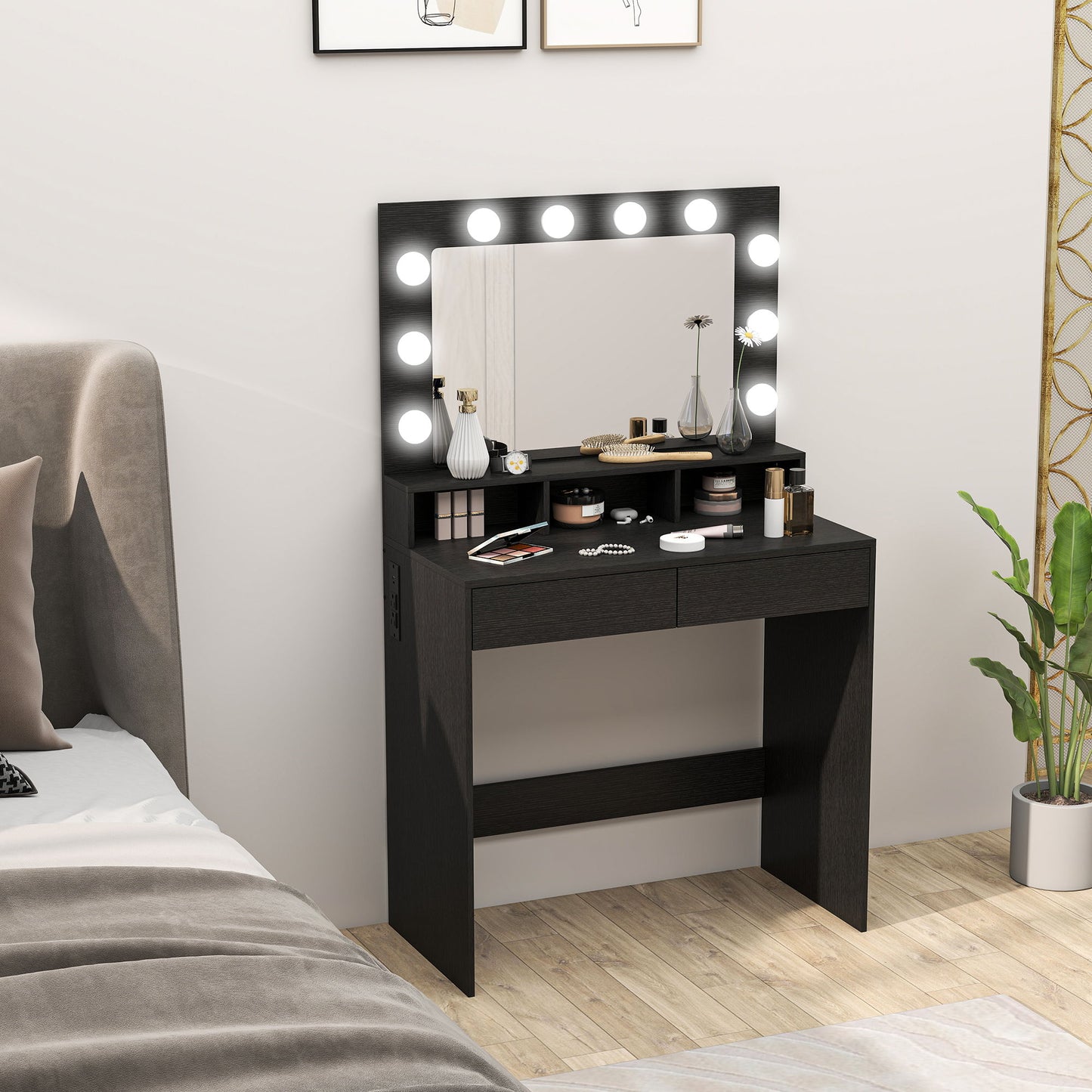 Vanity Table, Makeup Dressing Table with LED Lighting Mirror, Charging Station and Drawers for Bedroom, Black