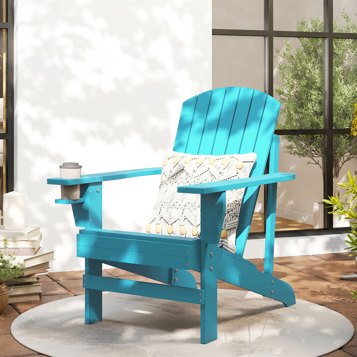 Classic Adirondack Chair Muskoka Chair, Garden Deck Chair with Cup Holder for Patio, Indoor, Backyard, Turquoise