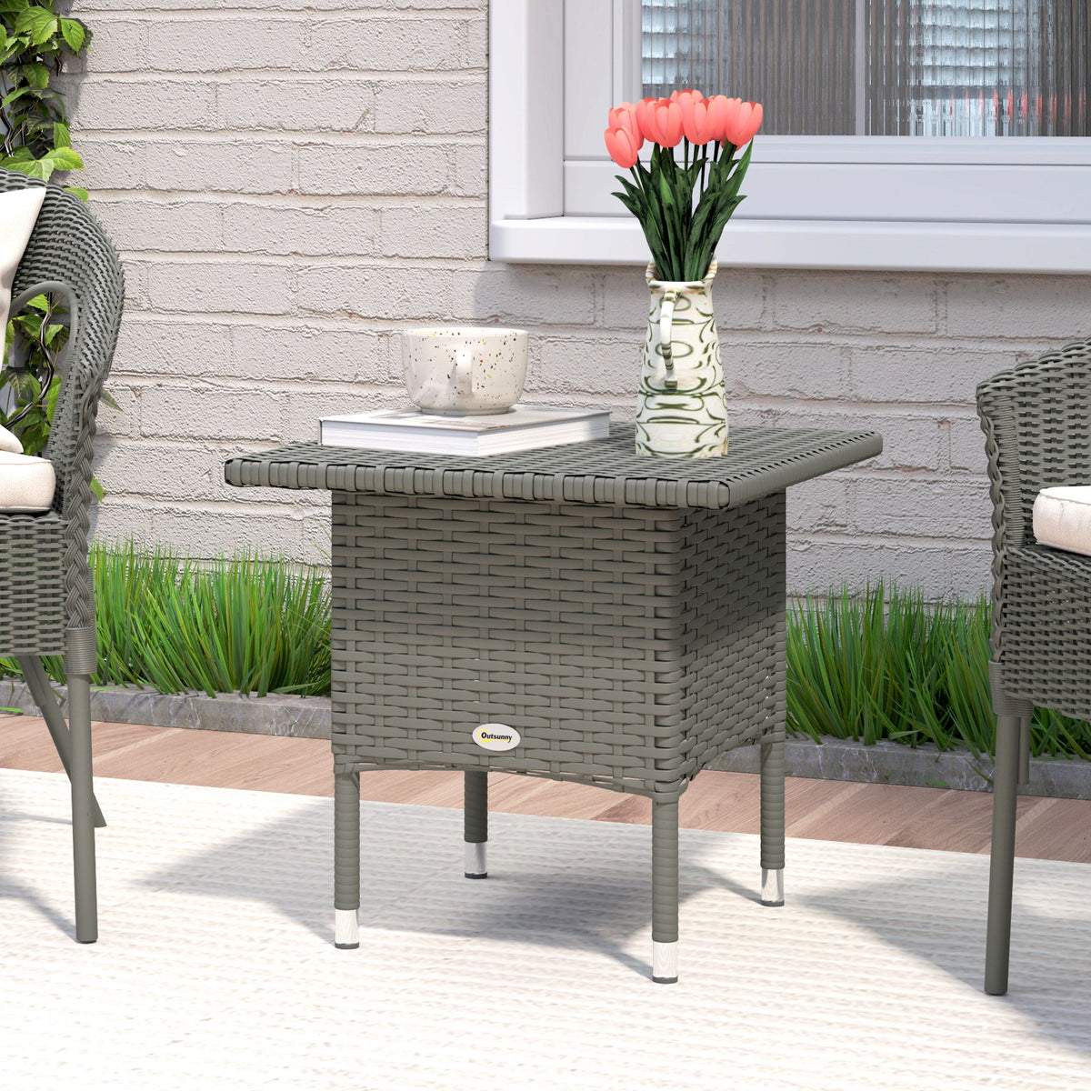 Wicker Outdoor Side Table, 20" Square Patio End Table w/ Full Woven Top, Grey