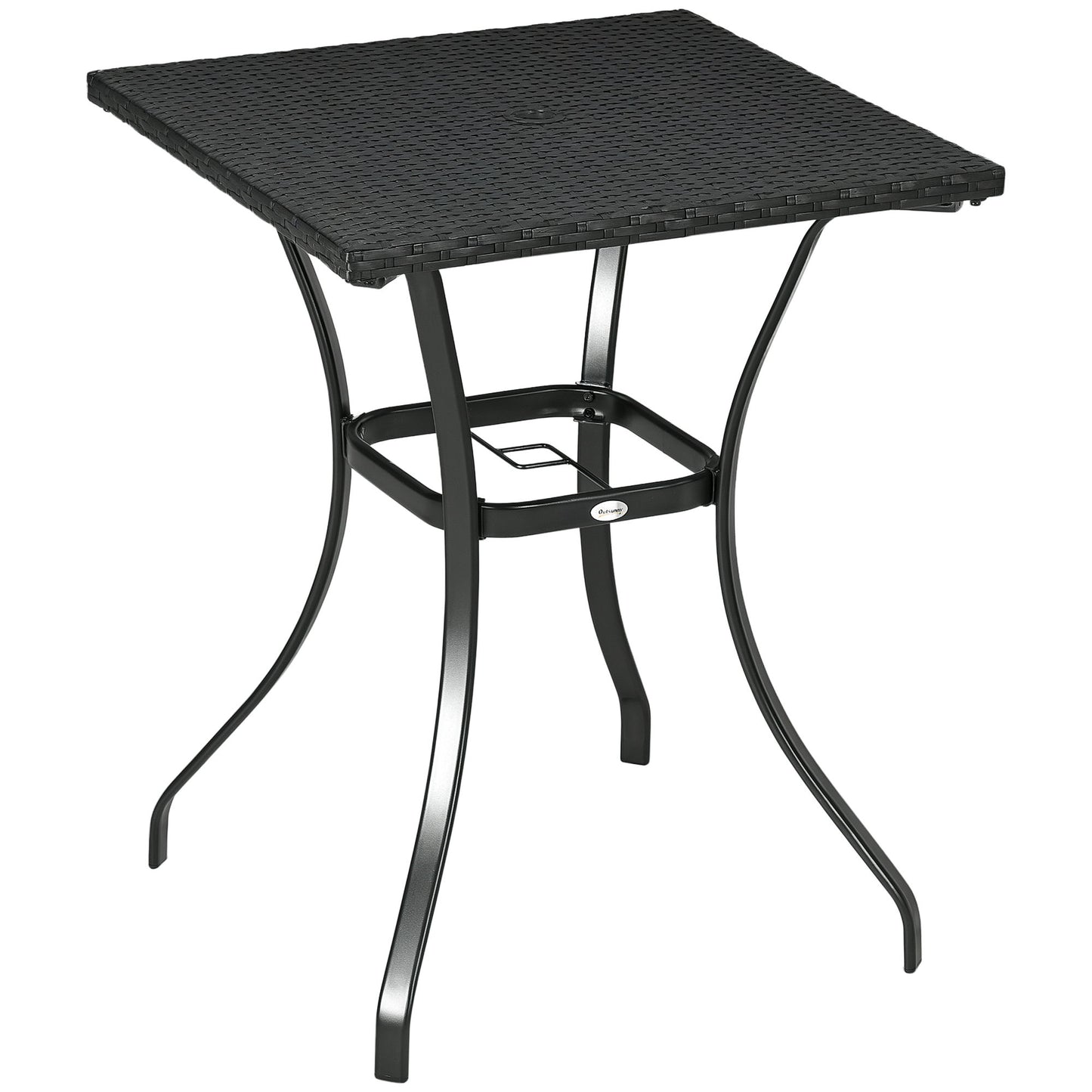 Patio Wicker Dining Table with Umbrella Hole, 34 Inch Outdoor PE Rattan Coffee Table with Plastic Board Under the Woven Table Top for Patio, Garden, Balcony, Black