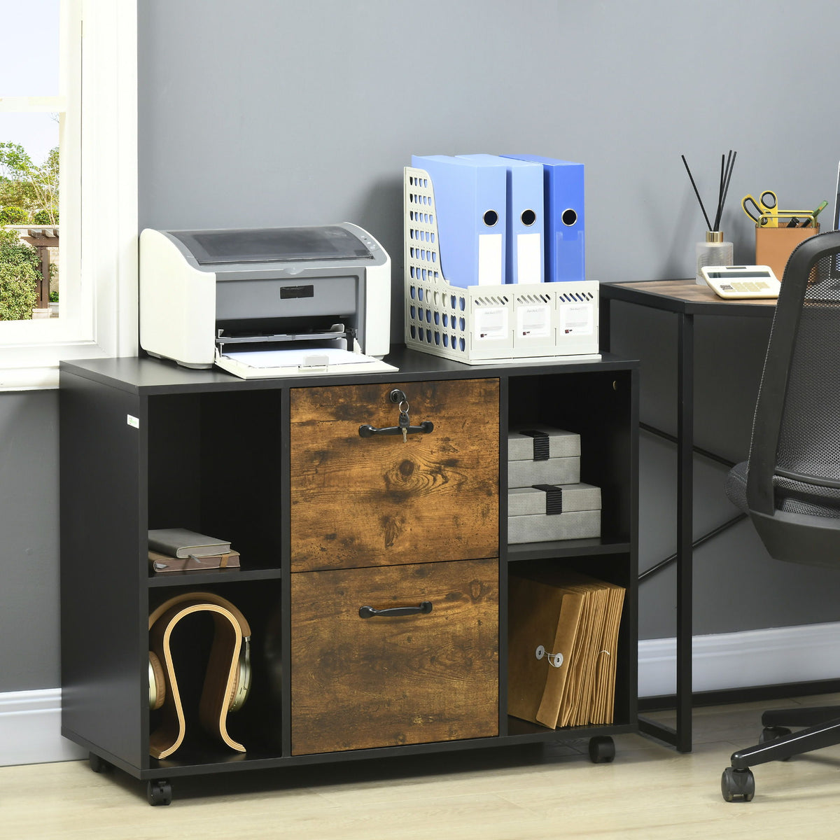 Lateral Filing Cabinet with Wheels and Lockable Drawer, File Cabinet, Mobile Printer Stand with Open Shelves for Letter and A4 Size Documents for Home Office, Rustic Brown