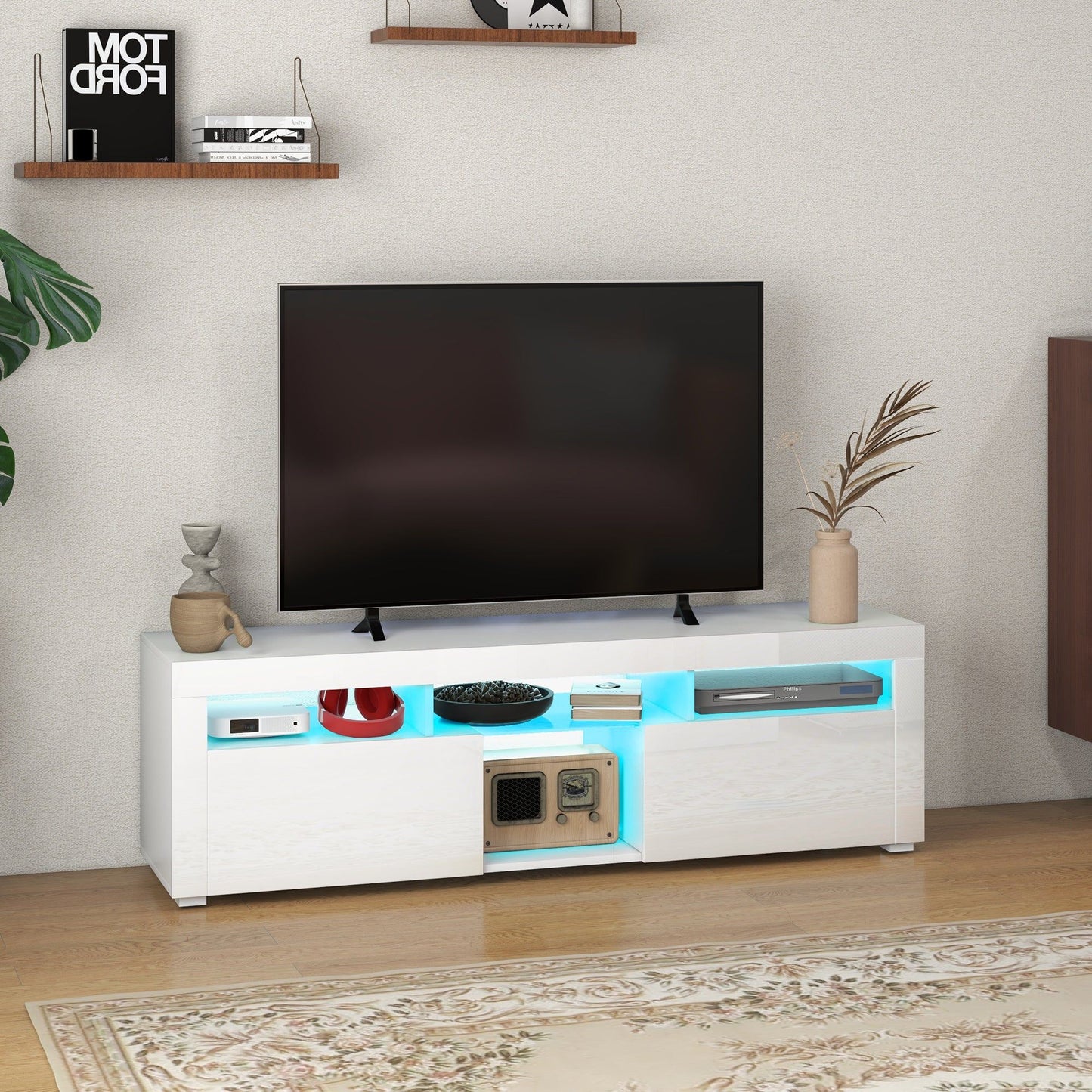 TV Stand with Storage and LED, Fits 55" - White