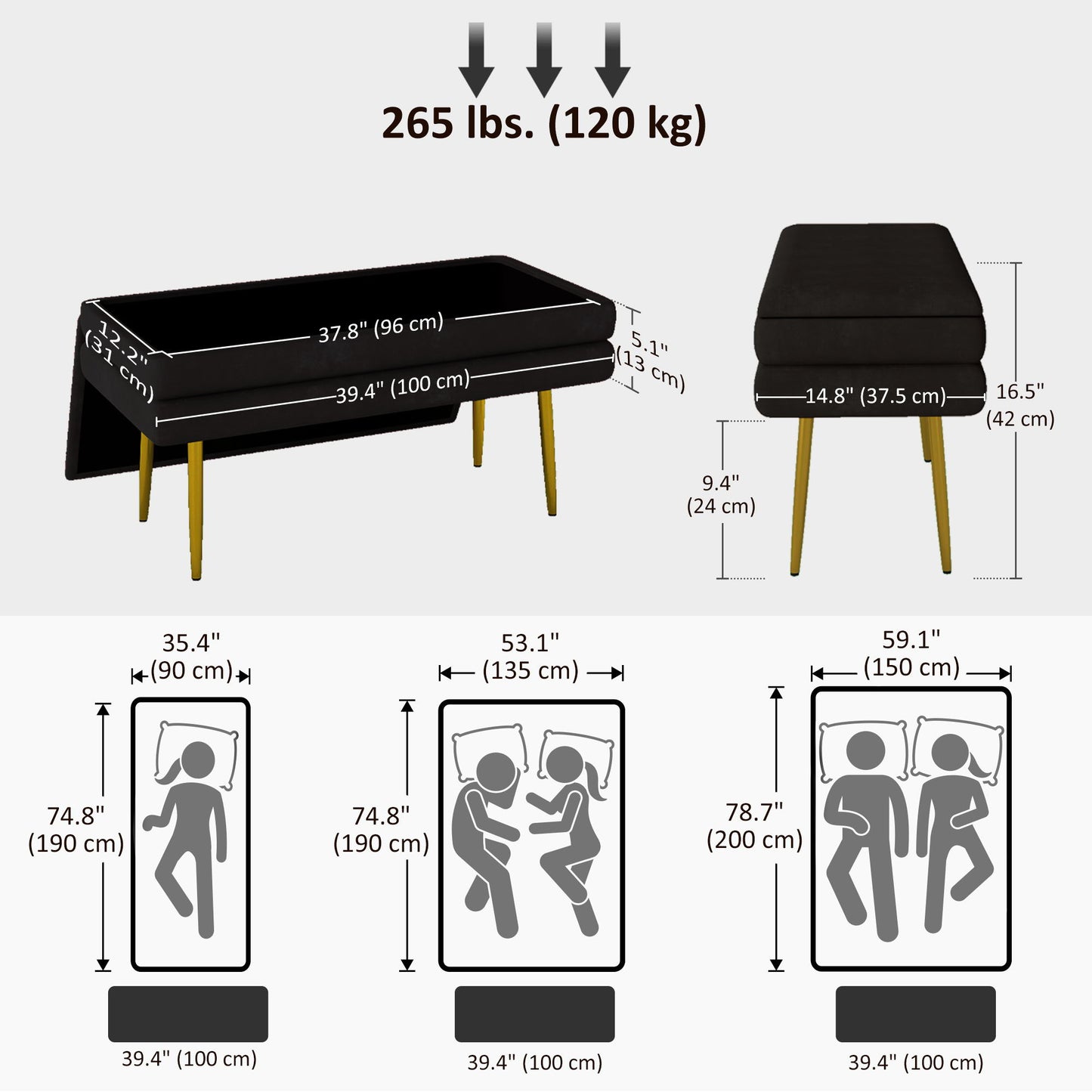 39" Storage Ottoman, Velvet End of Bed Bench with Steel Legs, Foot Stool with Storage for Bedroom, Living Room, Black