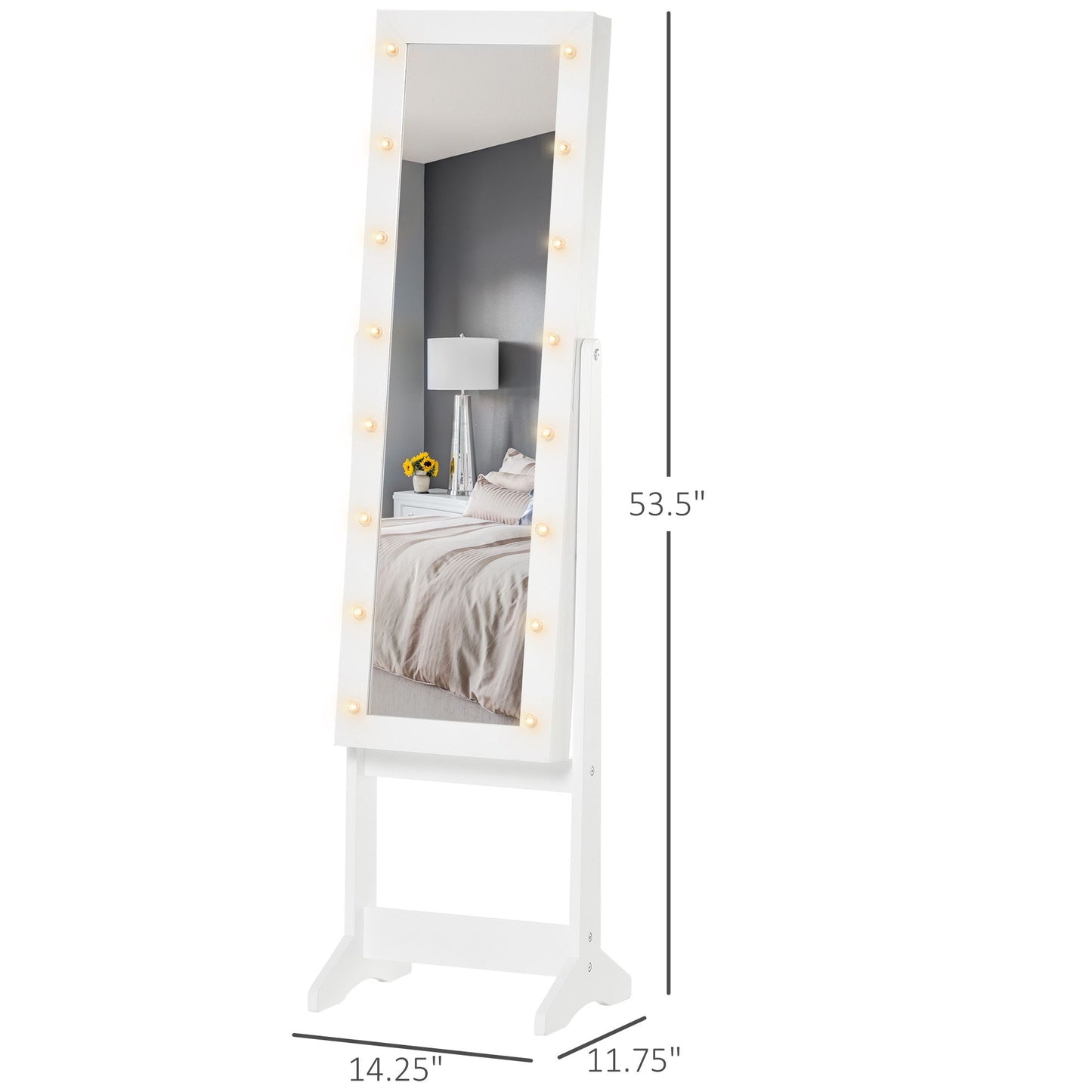 Free Standing Armoire Organizer, Lighted Mirrored Jewelry Cabinet w/ Angle Adjustable & 16 LED Lights Warm White