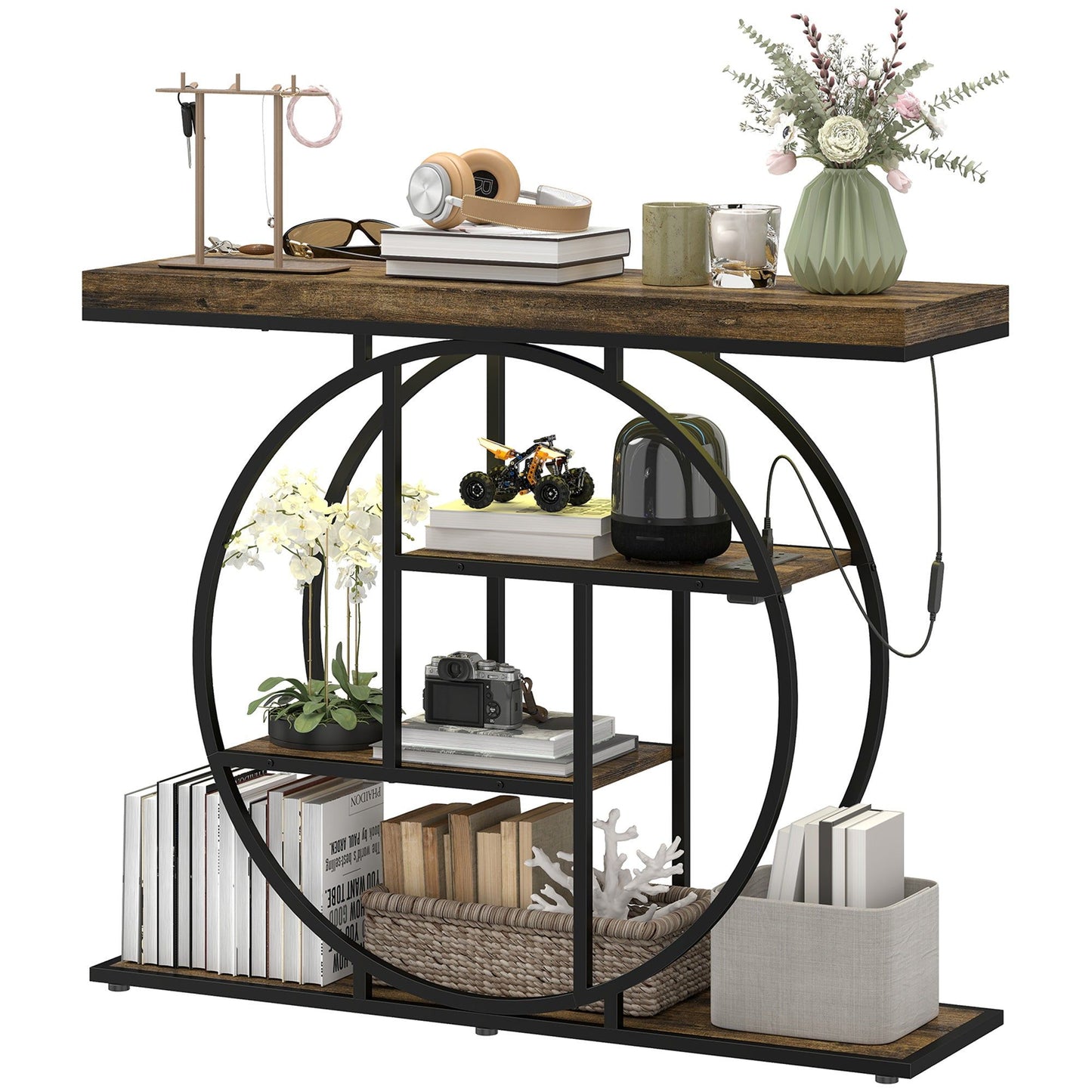 39" 4-Tier Entryway Console Table with LED Lights - Rustic Brown