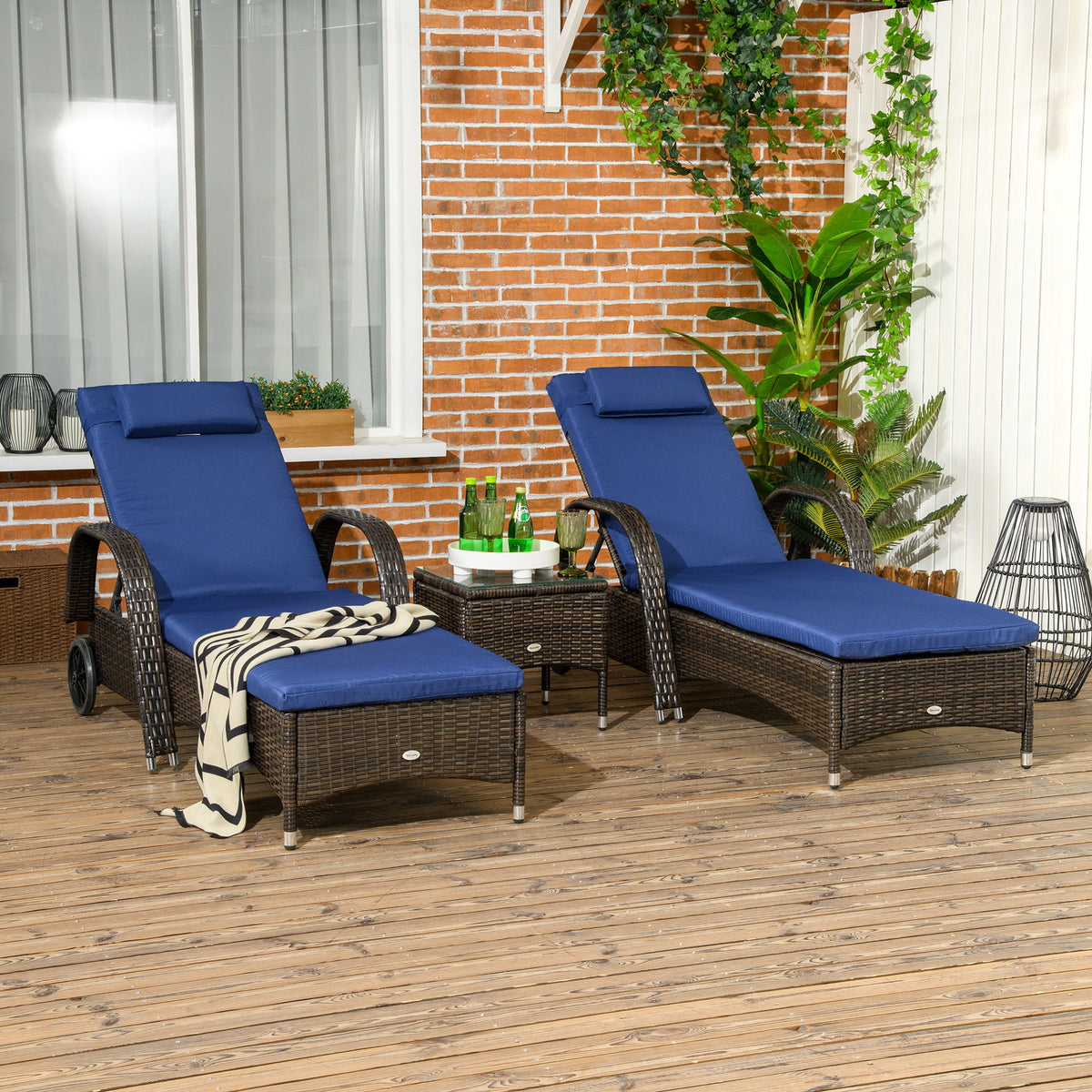 Patio Rattan Lounge Set, Wheeled Wicker Chaise Lounge Chair and Table with Tempered Glass Top, Dark Blue