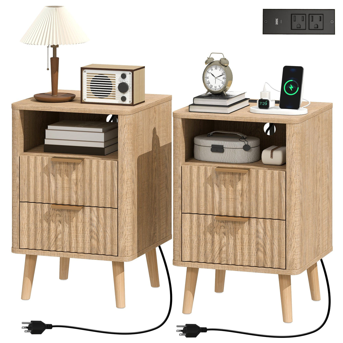 Nightstand Set of 2 with Charging Station - Oak