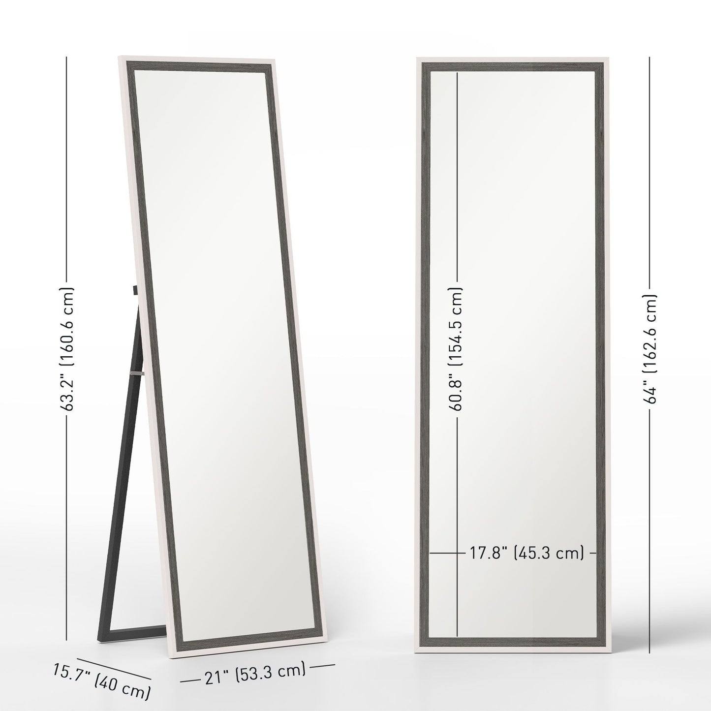 Floor Standing Mirror, Full Length Mirror, Free Standing, Leaning or Wall Mirror with Frame for Bedroom, Grey Wood Grain
