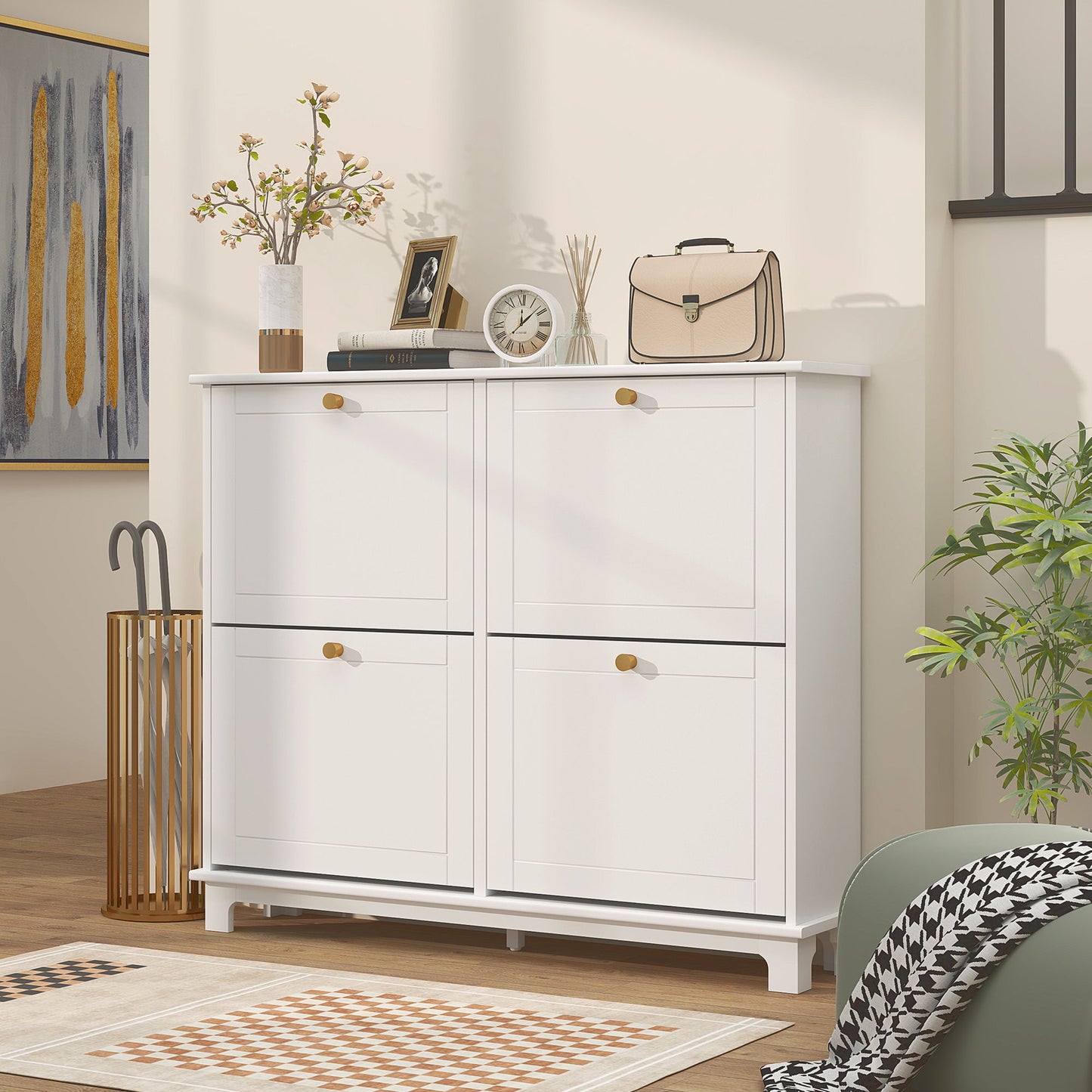 Modern Shoe Storage Cabinet, Narrow Shoe Cabinet with 4 Flip Drawers, Adjustable Shelves, 5 Legs for Entryway, White