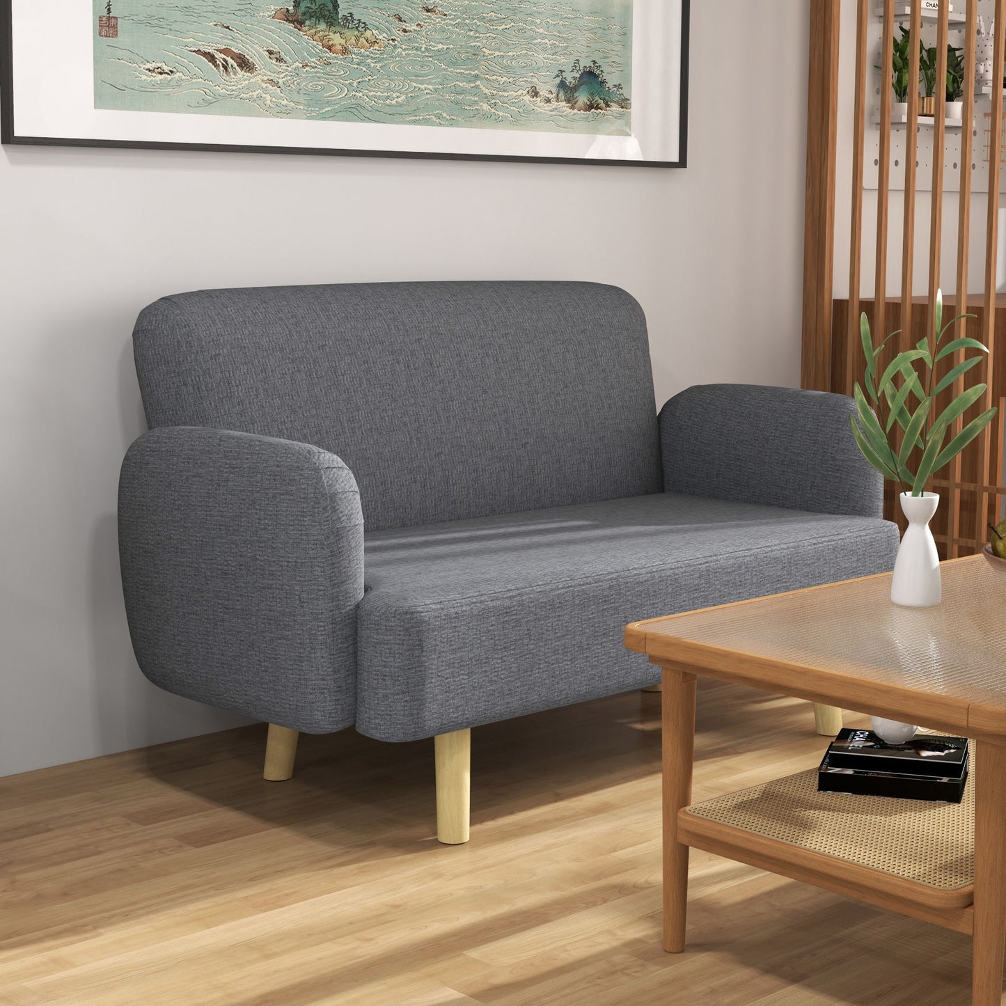 Velvet Feel Fabric 2 Seater Sofa, Small Sofa Loveseat with 8.3" Thick Padding and Wood Legs, Grey