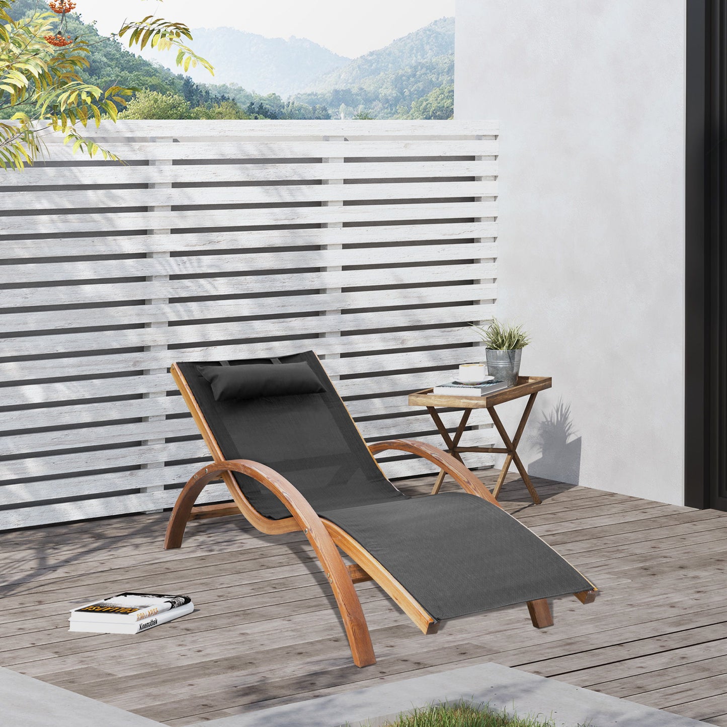 Outdoor Wood Chaise Lounge Chair Recliner Patio Camping with Headrest, Teak & Black