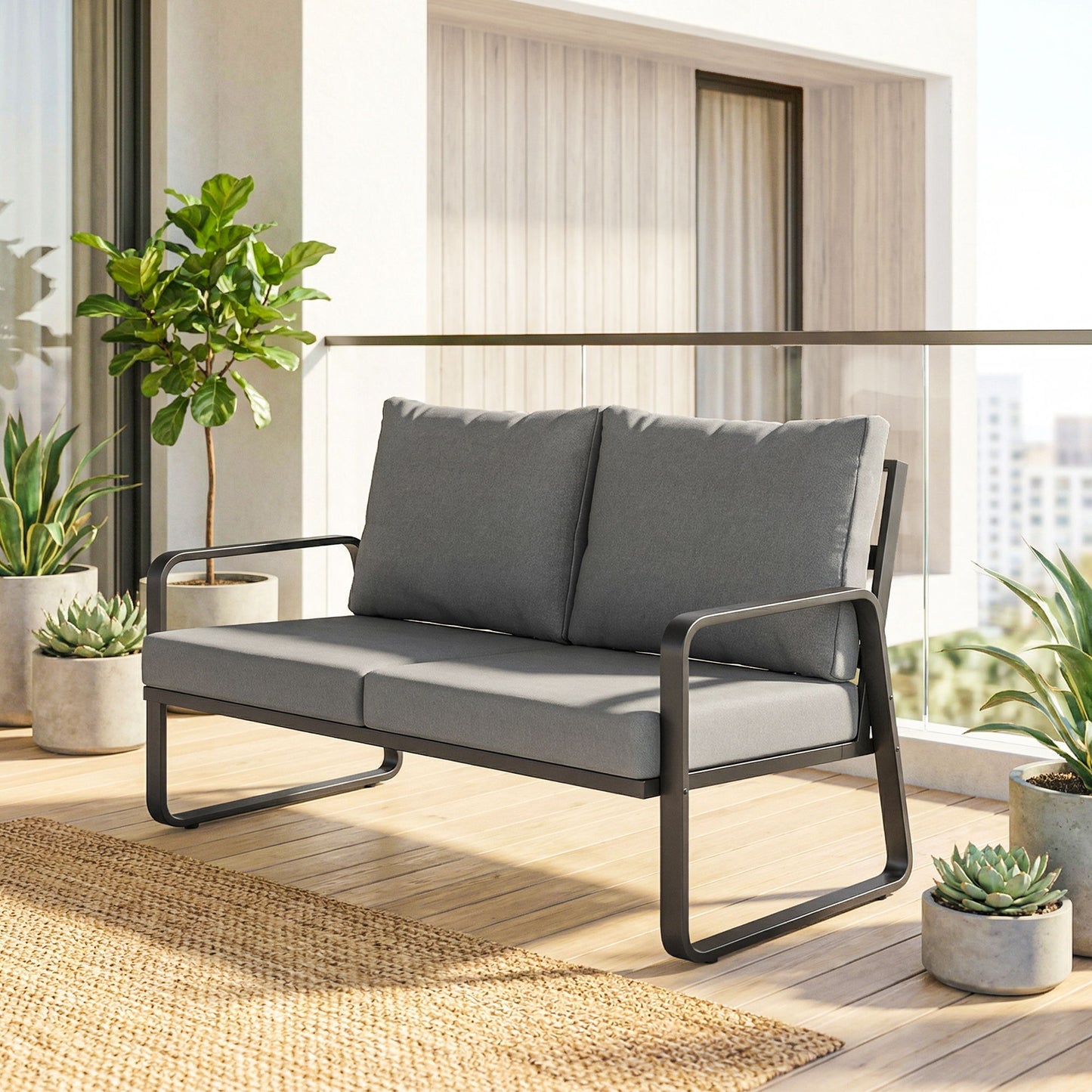 Outdoor Sofa Thick Cushions Outdoor Patio Couch Loveseat 2 Seater for Garden Black and Light Grey