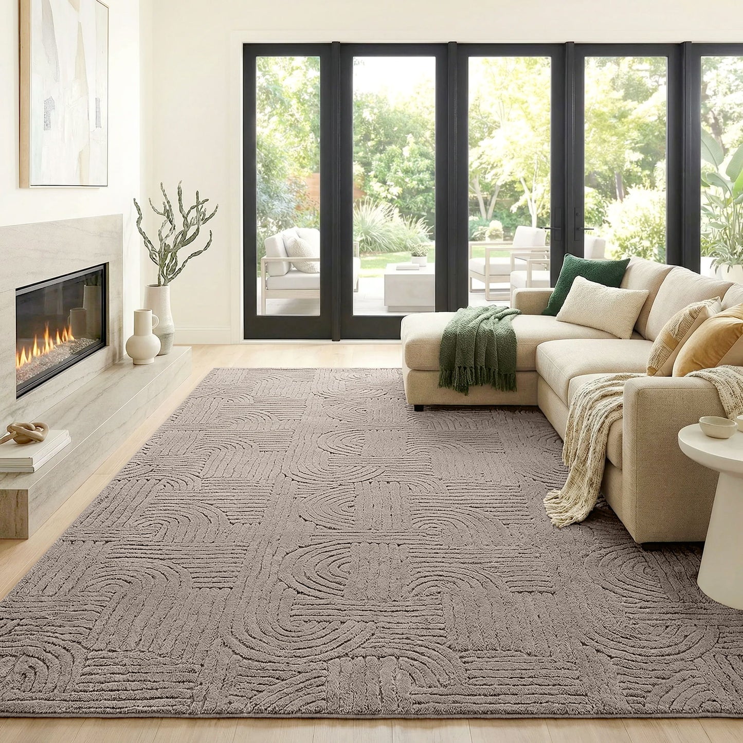 7.5x9.5 Area Rug, Luxurious Faux Fur Rug, Non-Slip Floor Carpet for Living Room, Bedroom, Dining Room, Tan