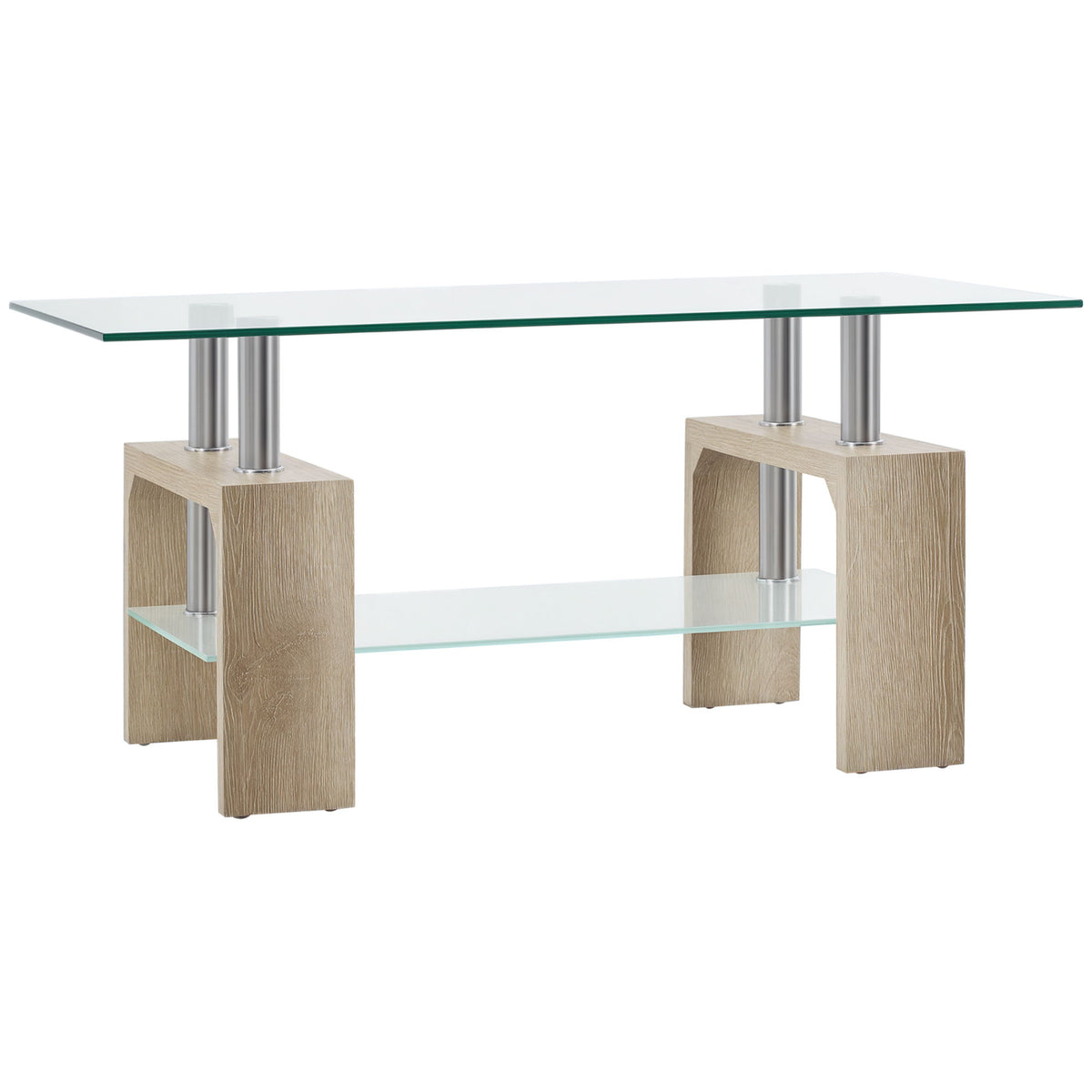 Rectangle Glass Coffee Table, 2-Tier Center Table with Tempered Glass Top and Storage Shelf for Living Room, Natural