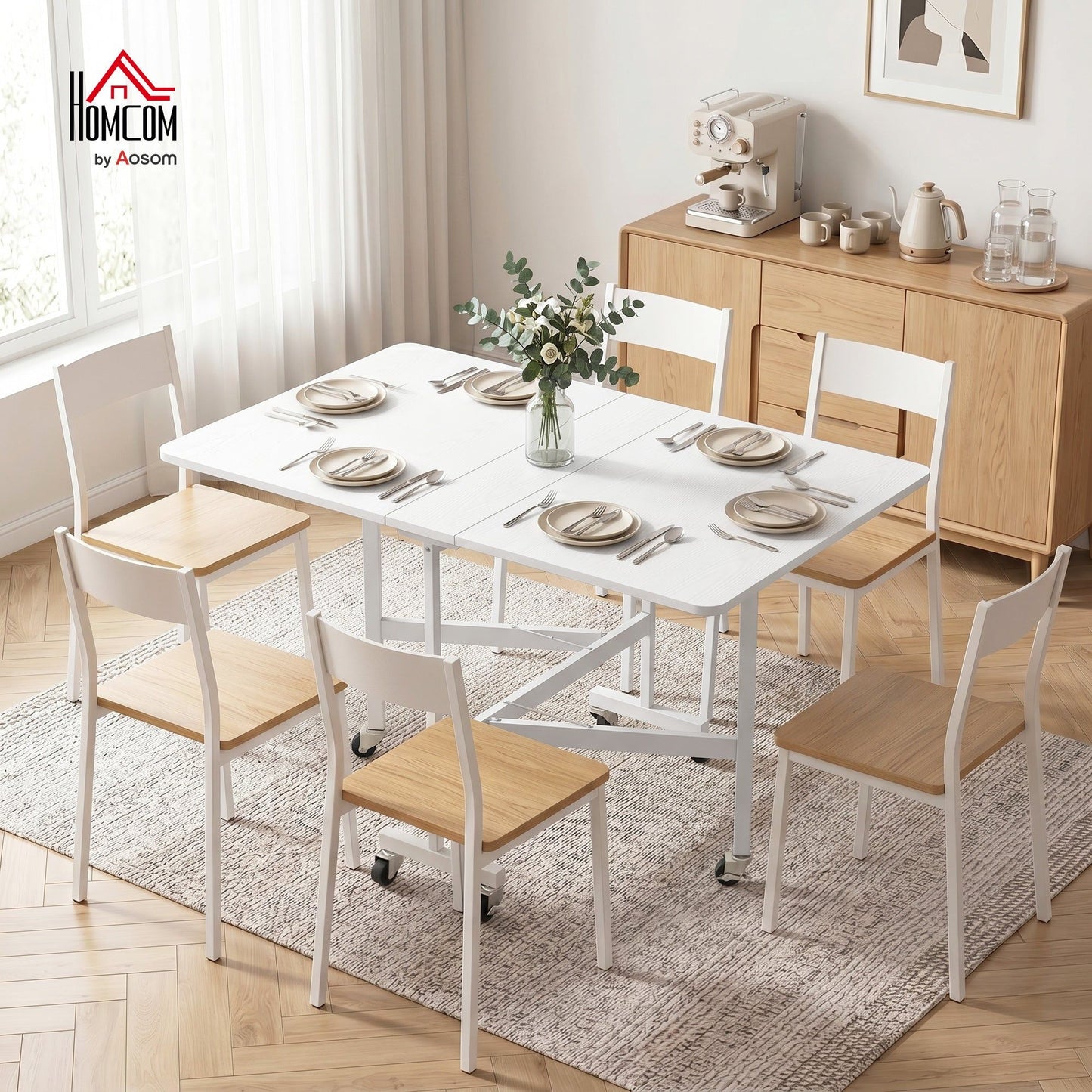 6-Seater Drop-Leaf Dining Table with Wheels - White