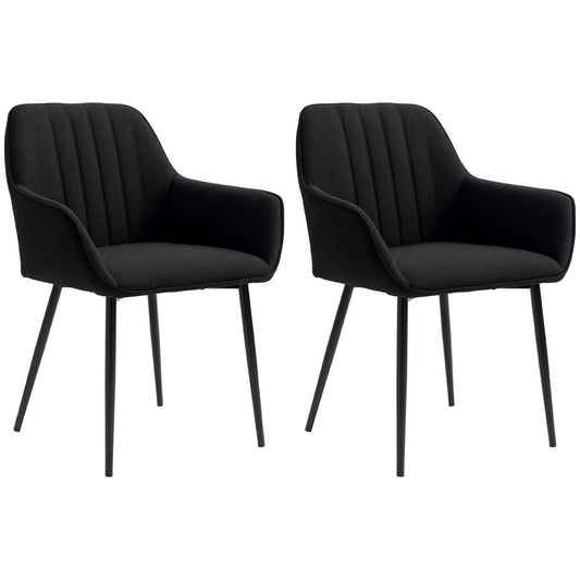 Set of 2 Upholstered Linen Dining Chairs - Black