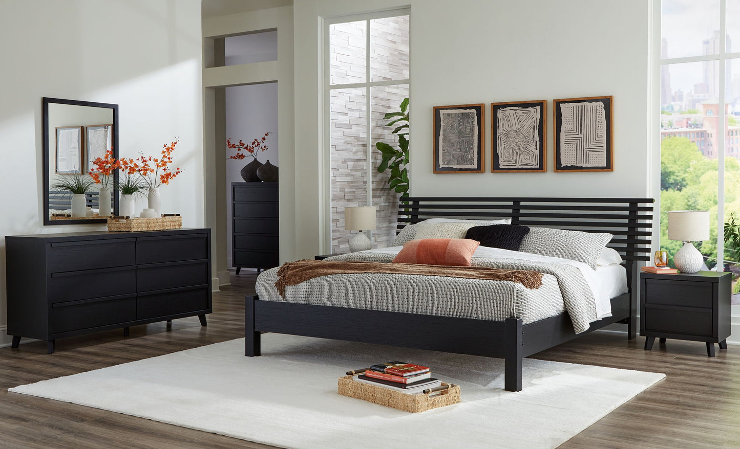 Danziar - 8 Pc. - Dresser, Mirror, Chest, King Slat Panel Bed With Low Footboard, 2 Nightstands - Black