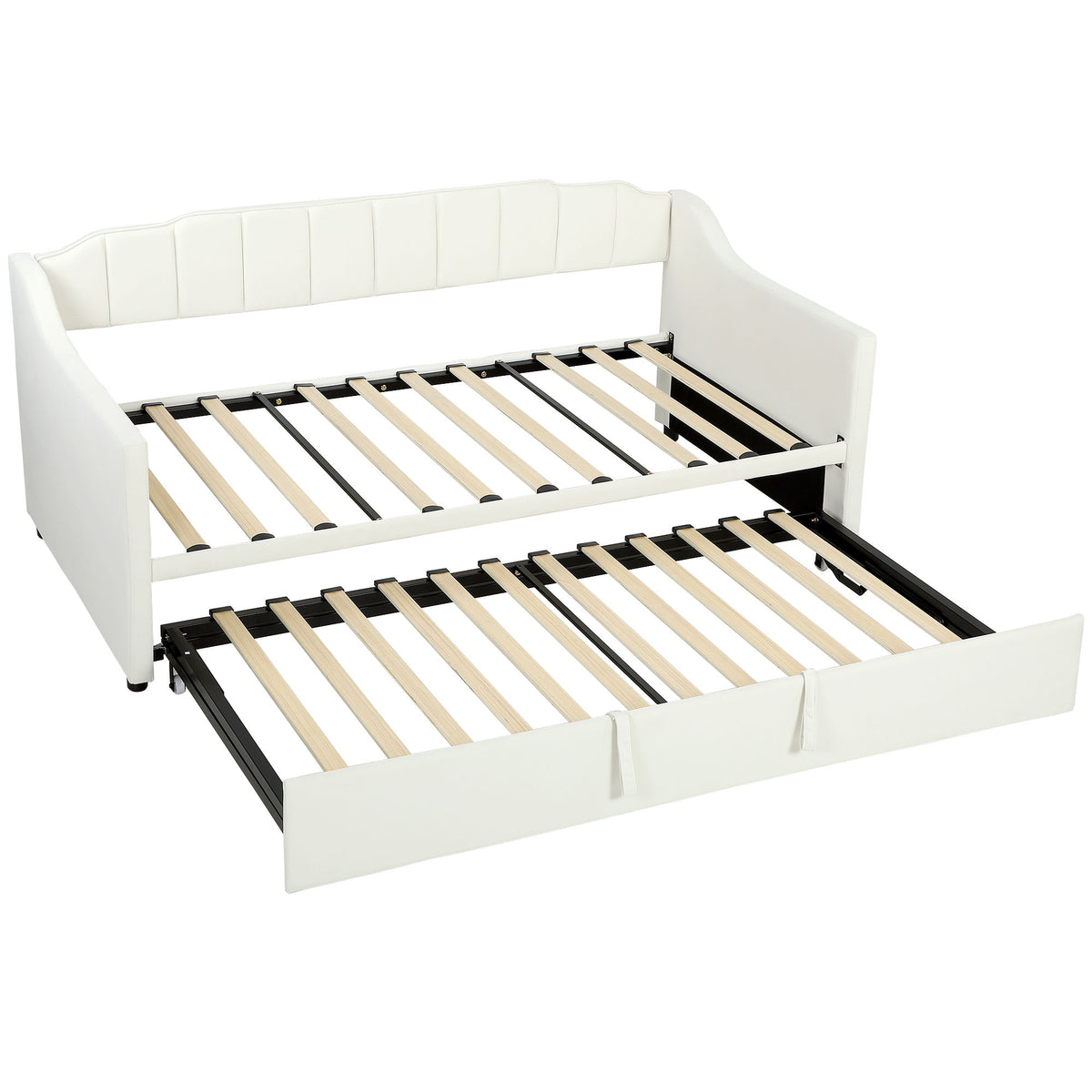 Upholstered Twin Trundle Bed, Extendable Twin to King Day Bed with Headboard and Armrests, Cream White