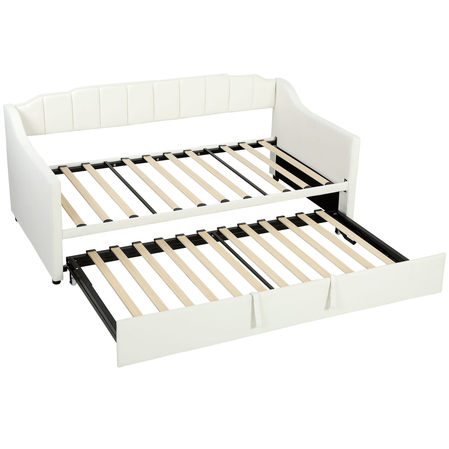 Upholstered Twin Trundle Bed, Extendable Twin to King Day Bed with Headboard and Armrests, Cream White
