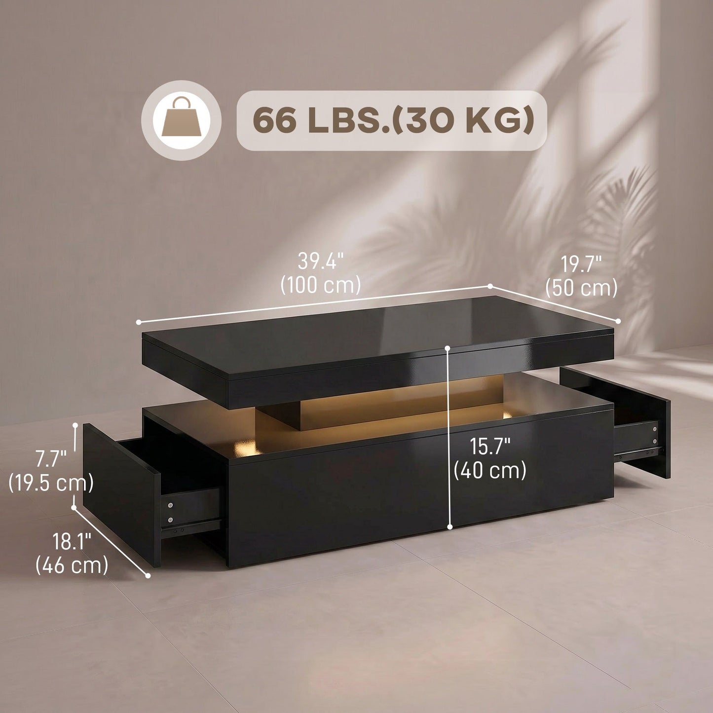 2-Tier LED Coffee Table with 2 Drawers - Gloss Black