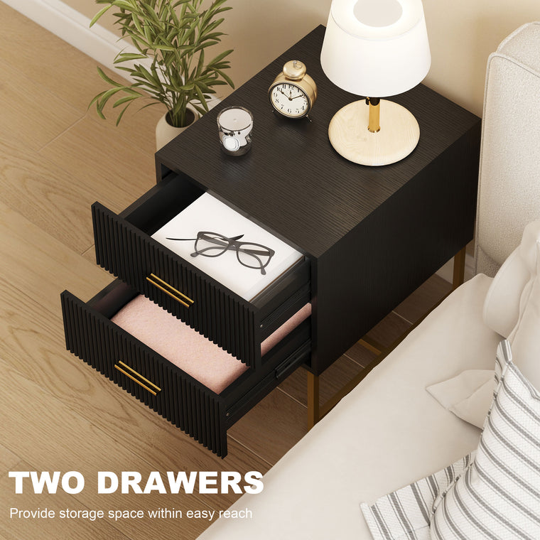 Set of 2 Nightstands with Fluted Drawers and Gold Legs