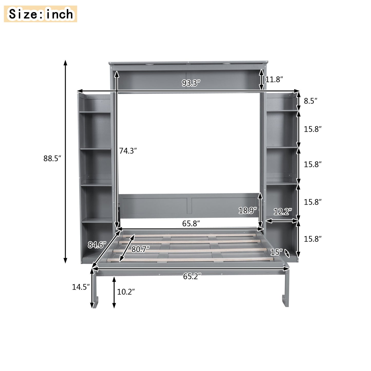 Queen Size Murphy Bed with Shelves and LED Lights, Space-Saving Wall Bed with Flexible Slats, 93.5" L x 84.5" W x 88.5" H, Grey