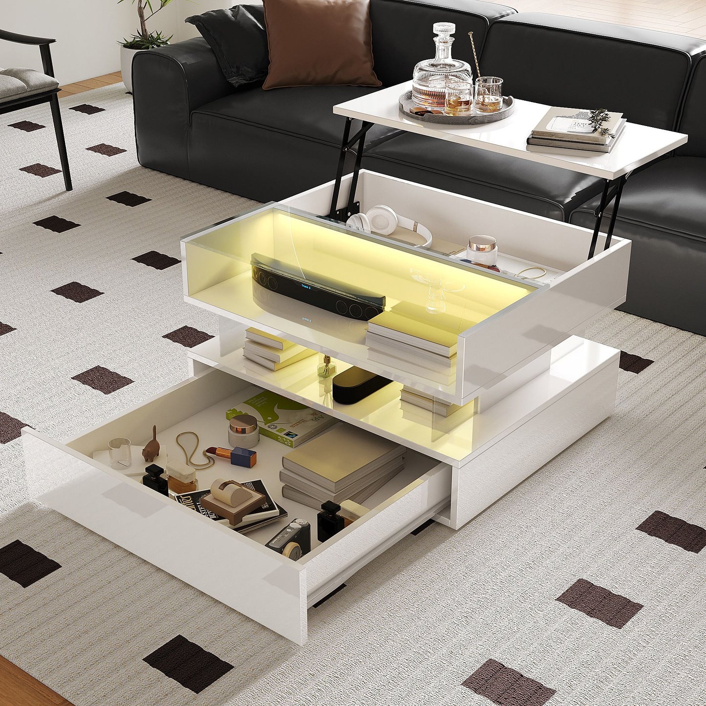 High-Gloss Coffee Table with Glass Top and LED Light, Storage Drawer and Adjustable Height, Easy to Install, 26" L x 21.5" W x 21.5" H, White