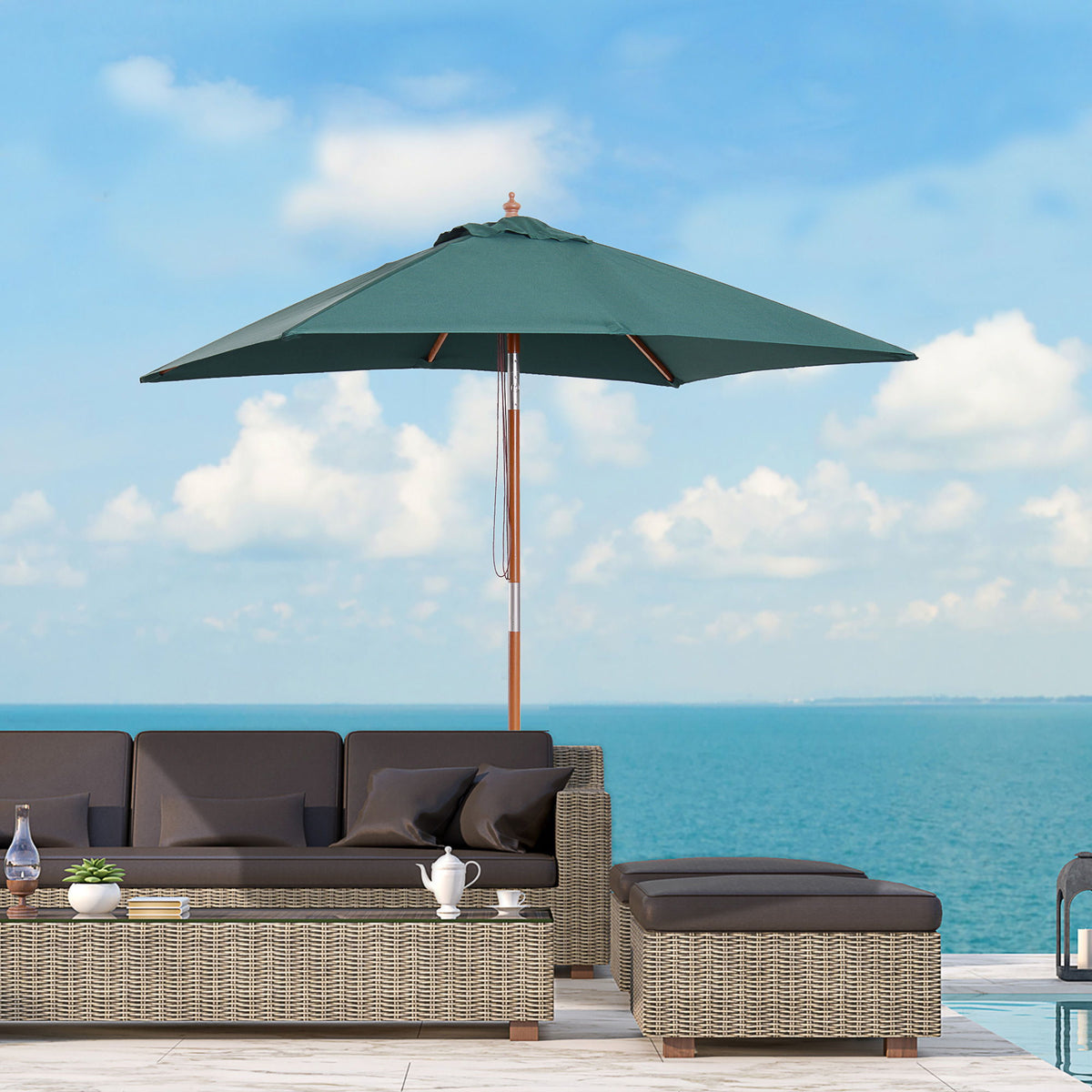 6.6x5ft Square Market Parasol, Wooden Patio Umbrella with Tilt Mechanism and 6 Bamboo Ribs, Garden Sunshade, Green